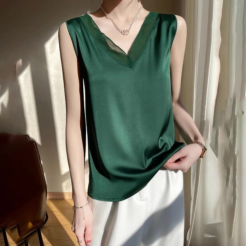 Women's Camisole Glossy Satin Sleeveless Tops Solid V Neck Summer Casual Shirt - Picture 13 of 15