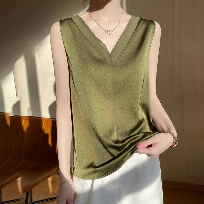 Women's Camisole Glossy Satin Sleeveless Tops Solid V Neck Summer Casual Shirt - Picture 14 of 15