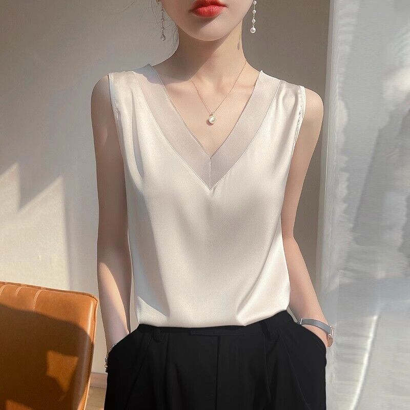 Women's Camisole Glossy Satin Sleeveless Tops Solid V Neck Summer Casual Shirt - Picture 15 of 15