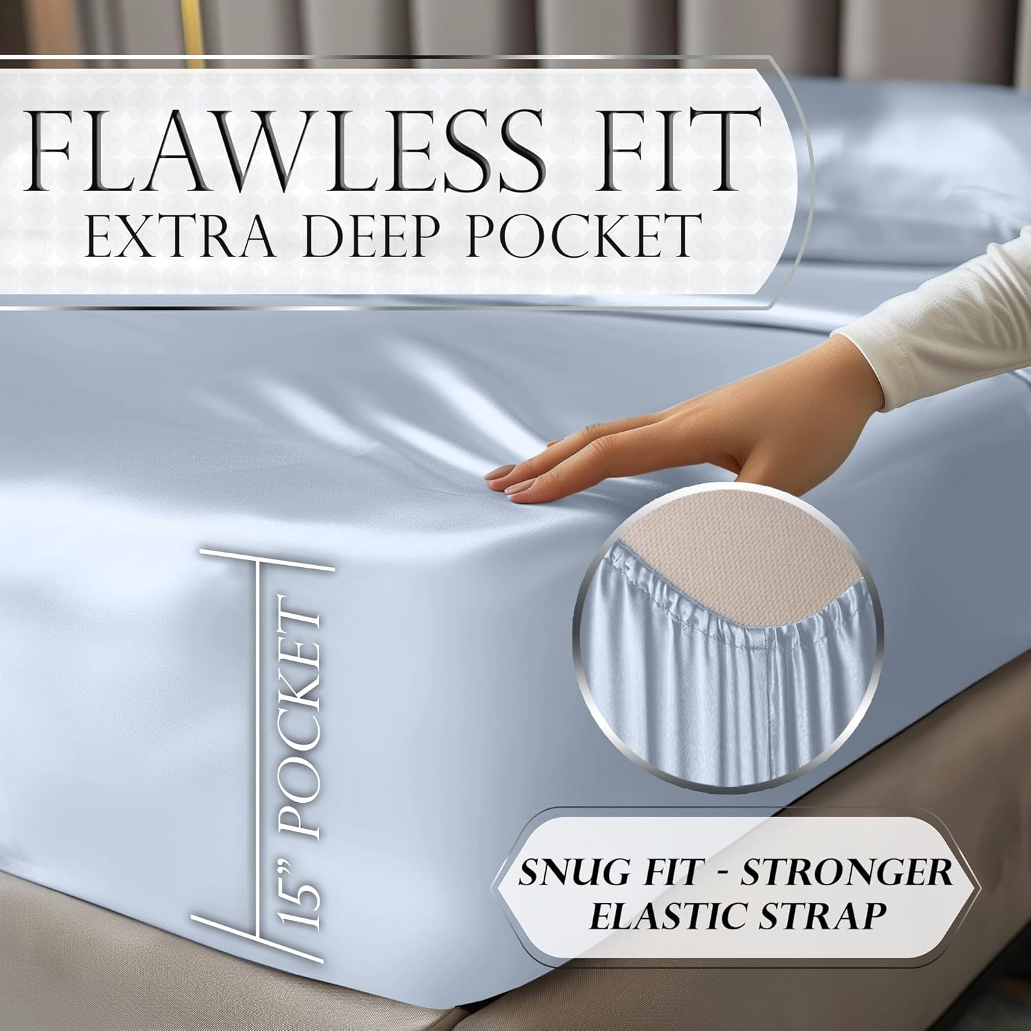 Juego de 4 piezas - Ropa de cama suave sedosa de lujo bolsillo profundo sin arrugas lavable a máquina - Imagen 24 de 194