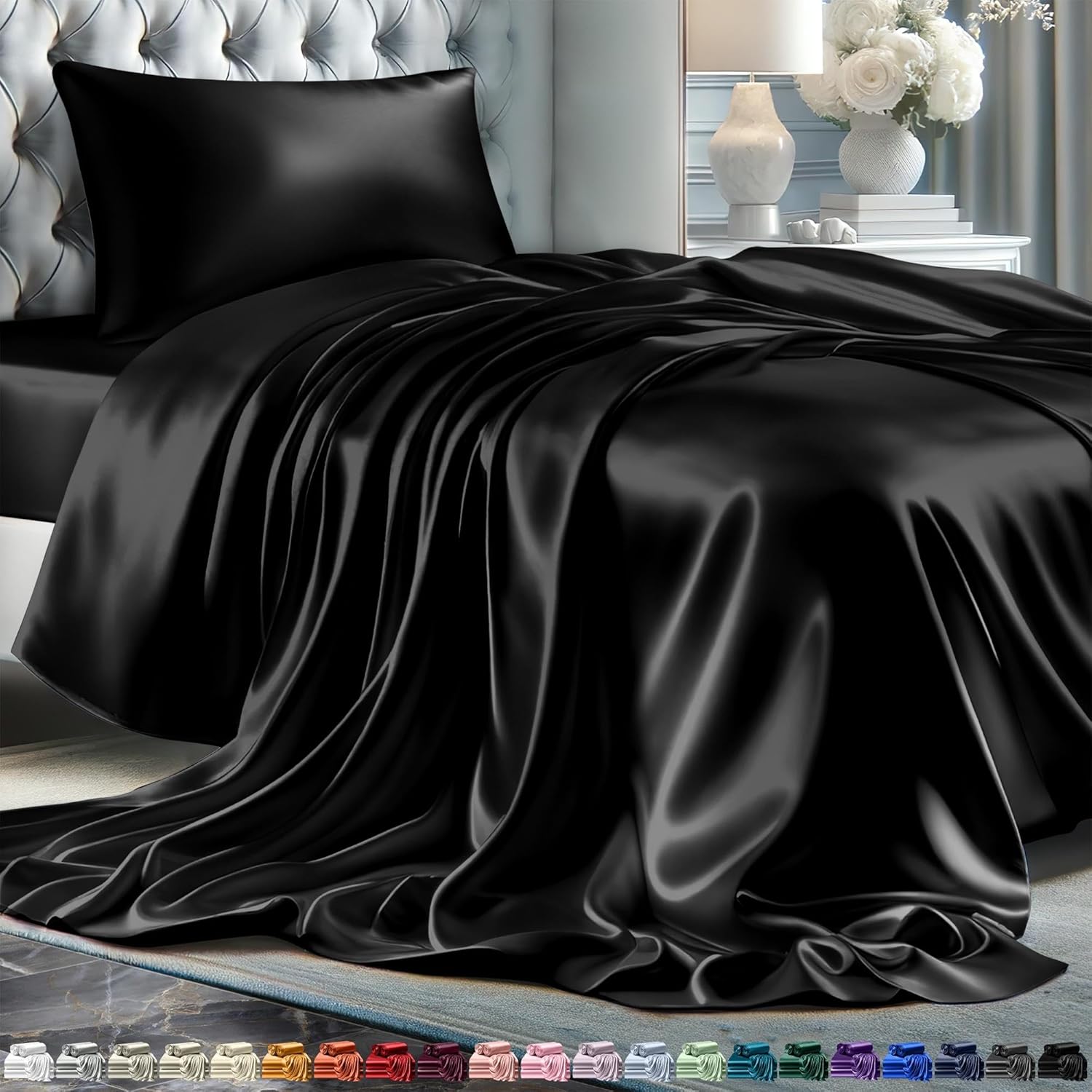 Juego de 4 piezas - Ropa de cama suave sedosa de lujo bolsillo profundo sin arrugas lavable a máquina - Imagen 33 de 194