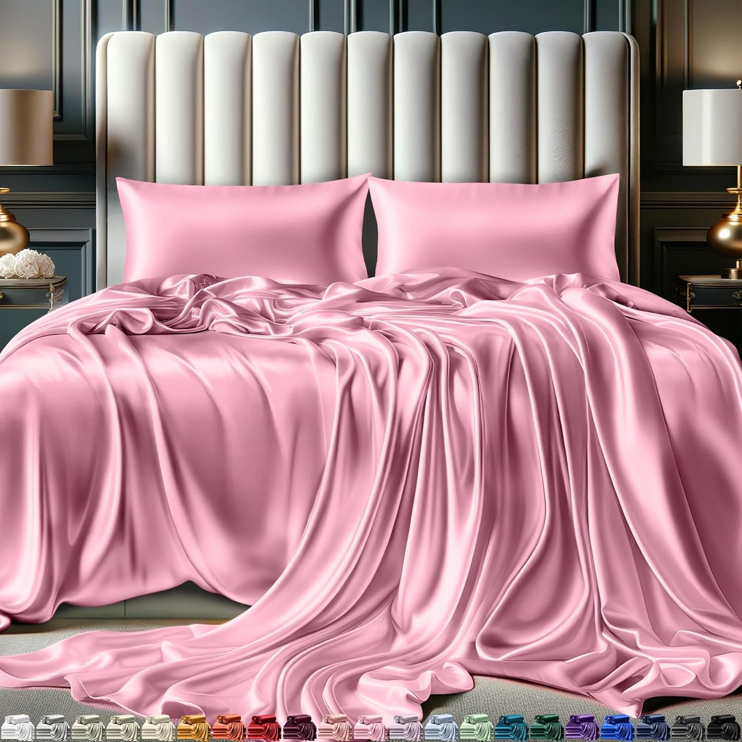 Juego de 4 piezas - Ropa de cama suave sedosa de lujo bolsillo profundo sin arrugas lavable a máquina - Imagen 45 de 194