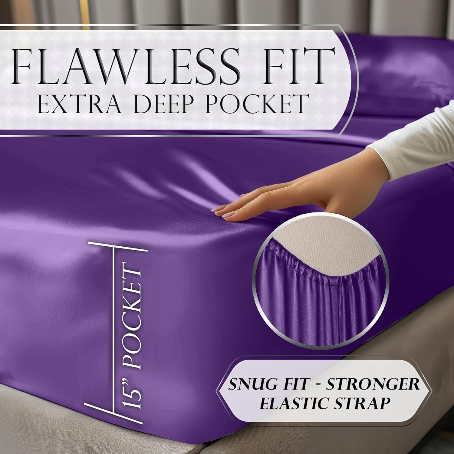 Juego de 4 piezas - Ropa de cama suave sedosa de lujo bolsillo profundo sin arrugas lavable a máquina - Imagen 54 de 194