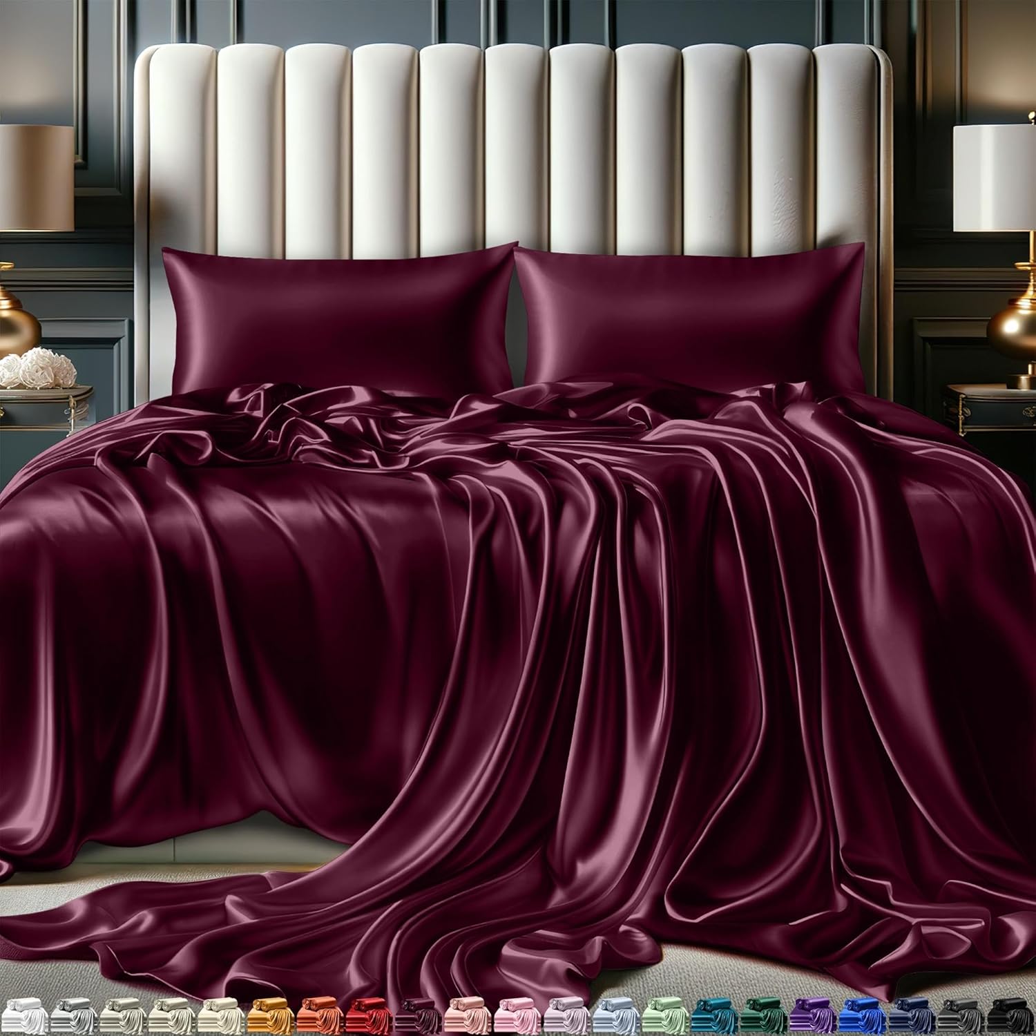 Juego de 4 piezas - Ropa de cama suave sedosa de lujo bolsillo profundo sin arrugas lavable a máquina - Imagen 63 de 194