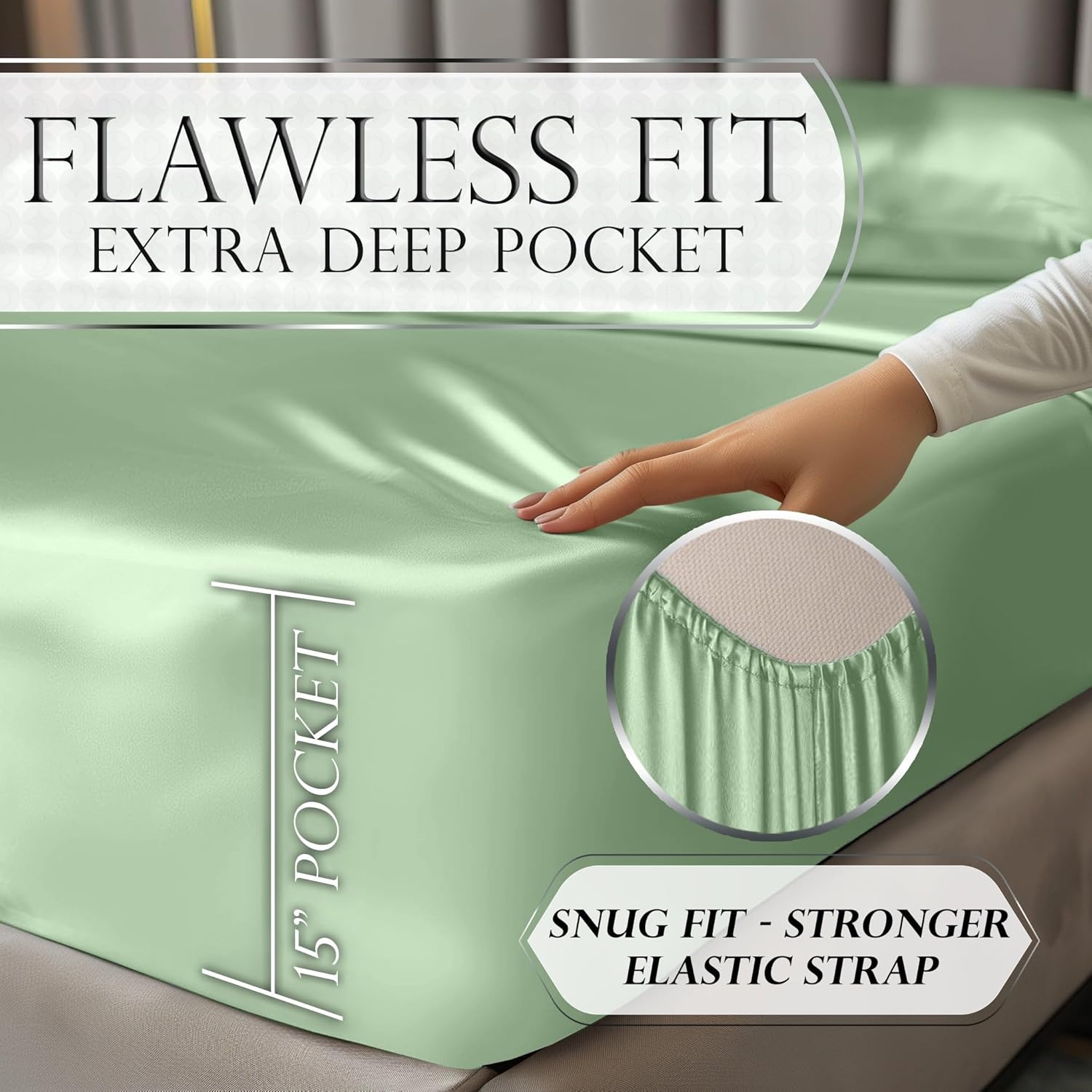 Juego de 4 piezas - Ropa de cama suave sedosa de lujo bolsillo profundo sin arrugas lavable a máquina - Imagen 72 de 194