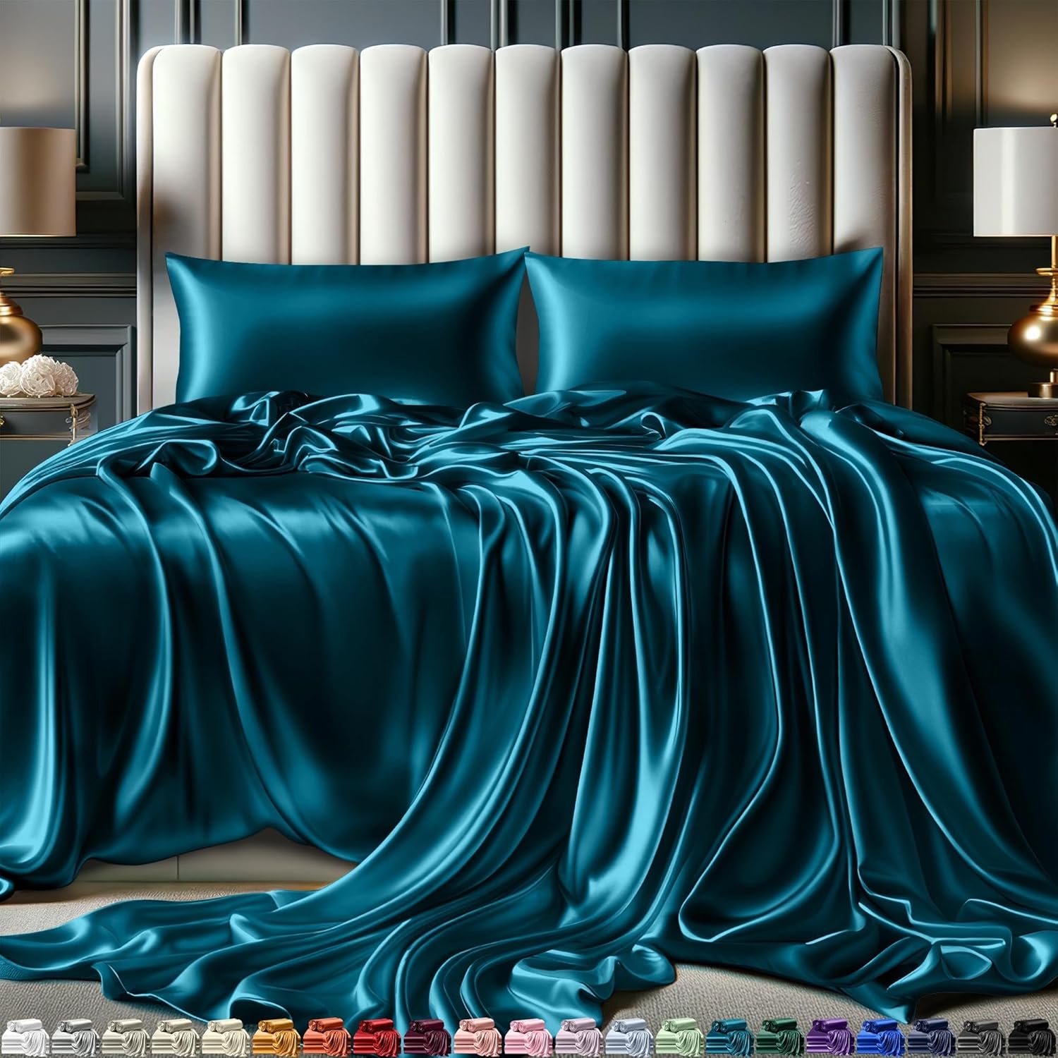 Juego de 4 piezas - Ropa de cama suave sedosa de lujo bolsillo profundo sin arrugas lavable a máquina - Imagen 75 de 194