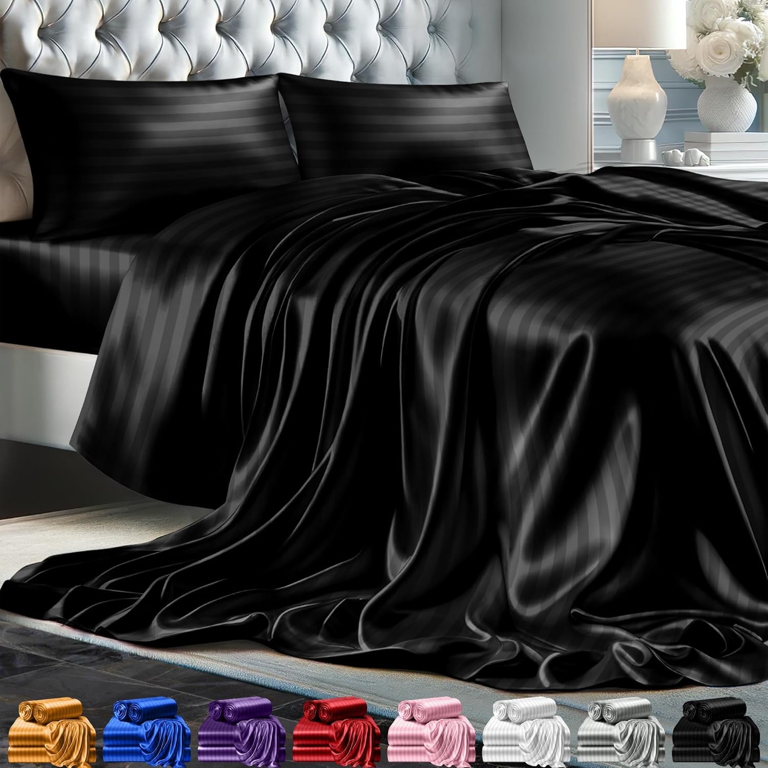 Juego de 4 piezas - Ropa de cama suave sedosa de lujo bolsillo profundo sin arrugas lavable a máquina - Imagen 87 de 194