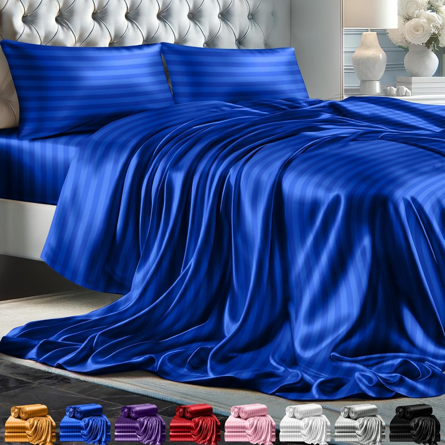 Juego de 4 piezas - Ropa de cama suave sedosa de lujo bolsillo profundo sin arrugas lavable a máquina - Imagen 93 de 194