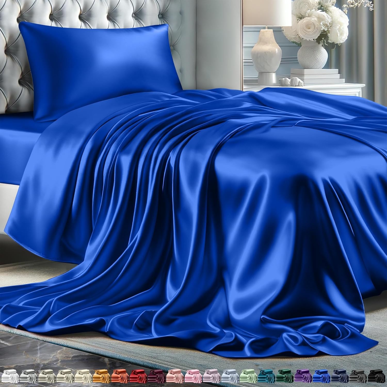 Juego de 4 piezas - Ropa de cama suave sedosa de lujo bolsillo profundo sin arrugas lavable a máquina - Imagen 99 de 194