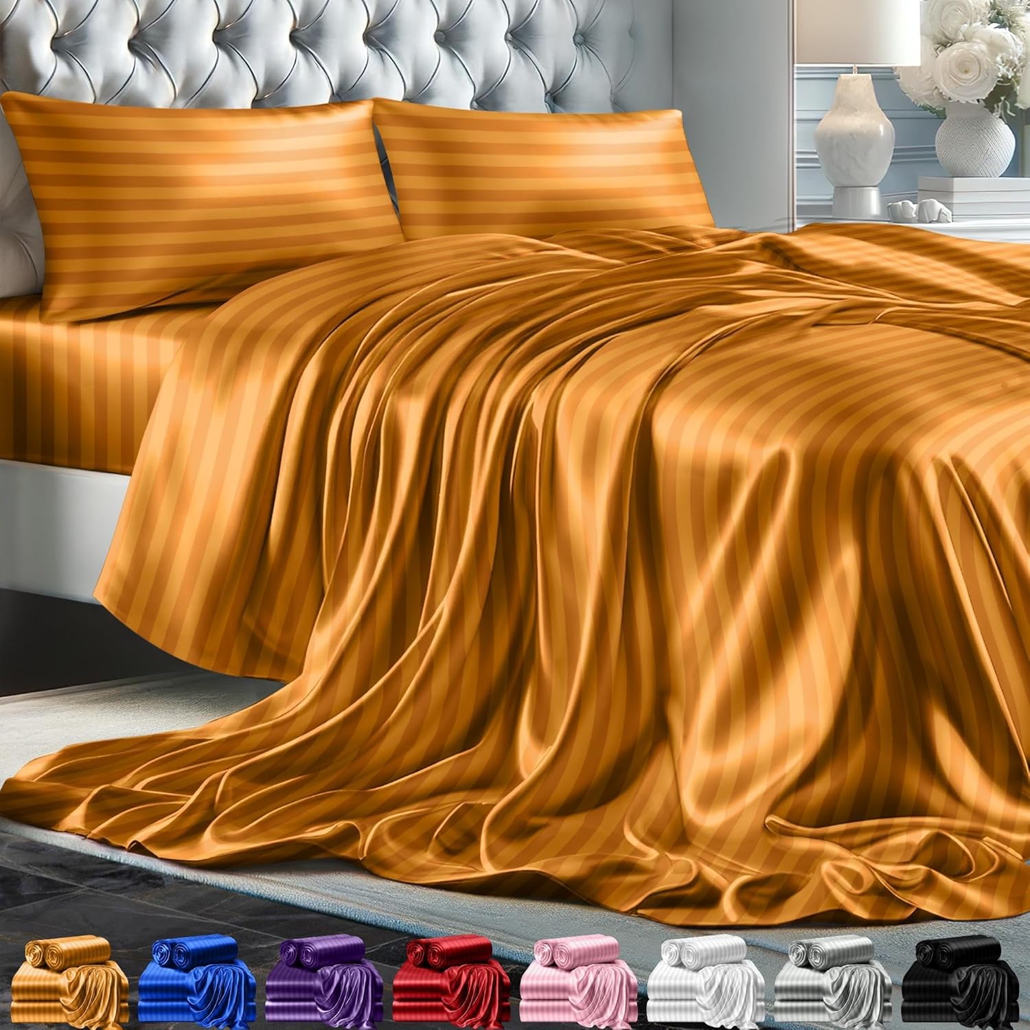 Juego de 4 piezas - Ropa de cama suave sedosa de lujo bolsillo profundo sin arrugas lavable a máquina - Imagen 105 de 194