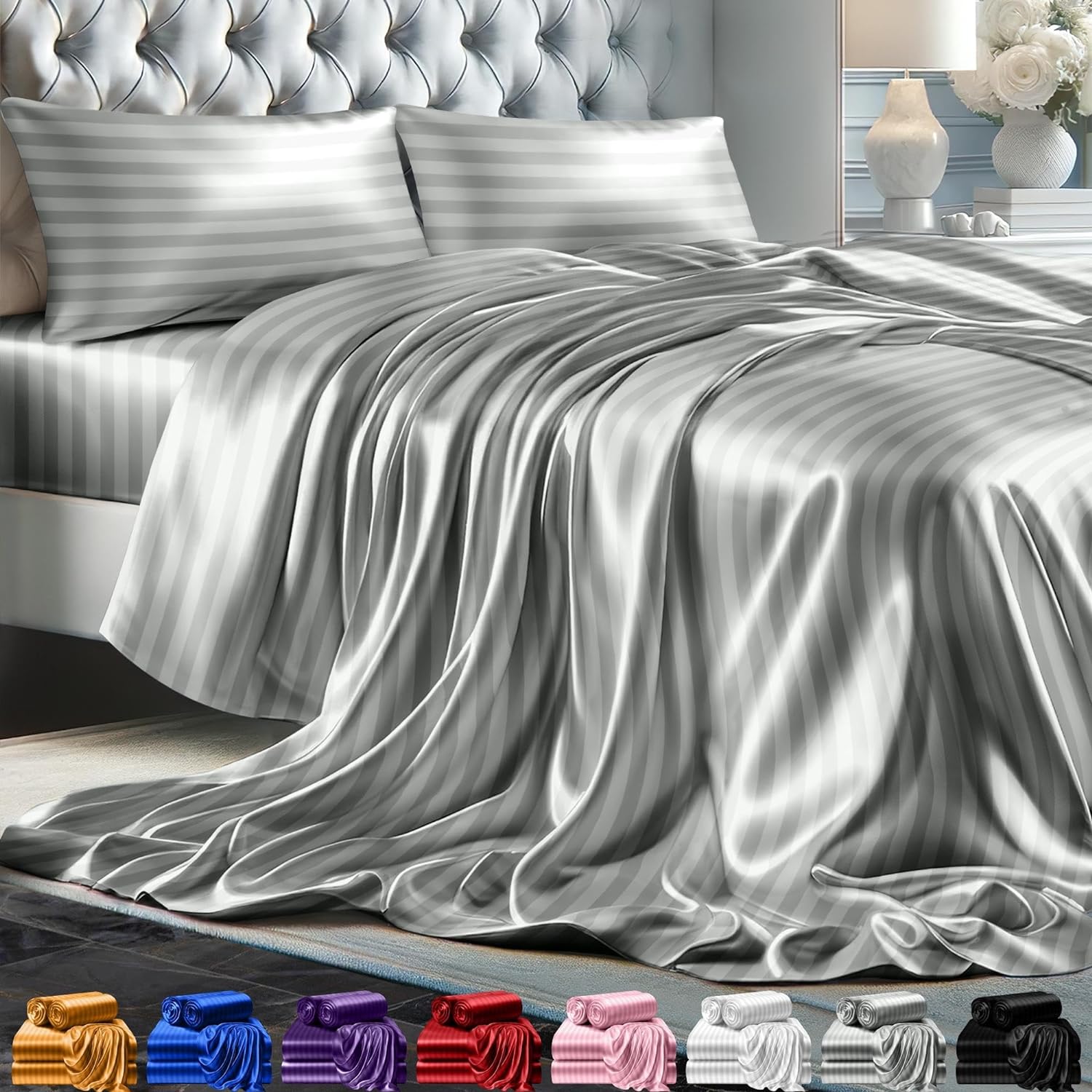 Juego de 4 piezas - Ropa de cama suave sedosa de lujo bolsillo profundo sin arrugas lavable a máquina - Imagen 111 de 194