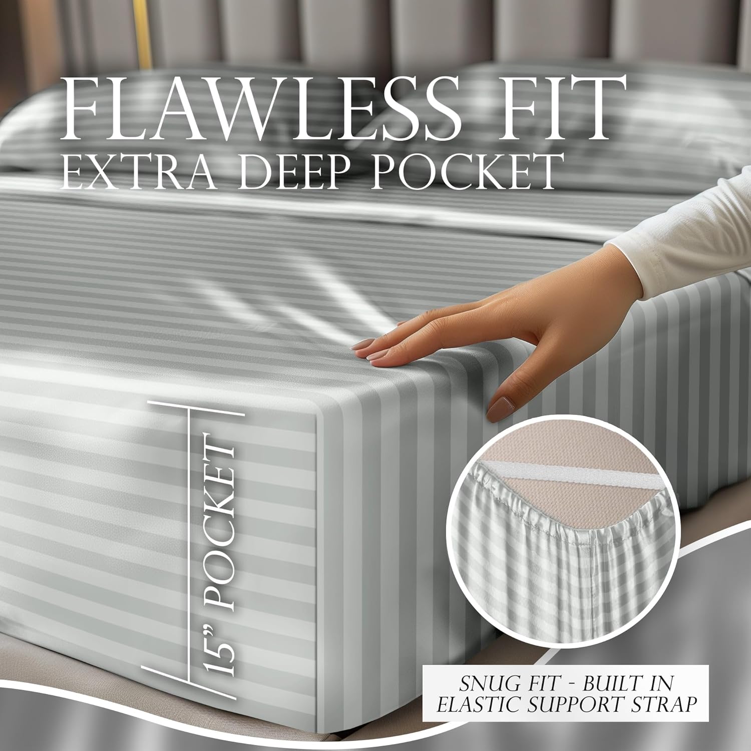 Juego de 4 piezas - Ropa de cama suave sedosa de lujo bolsillo profundo sin arrugas lavable a máquina - Imagen 114 de 194
