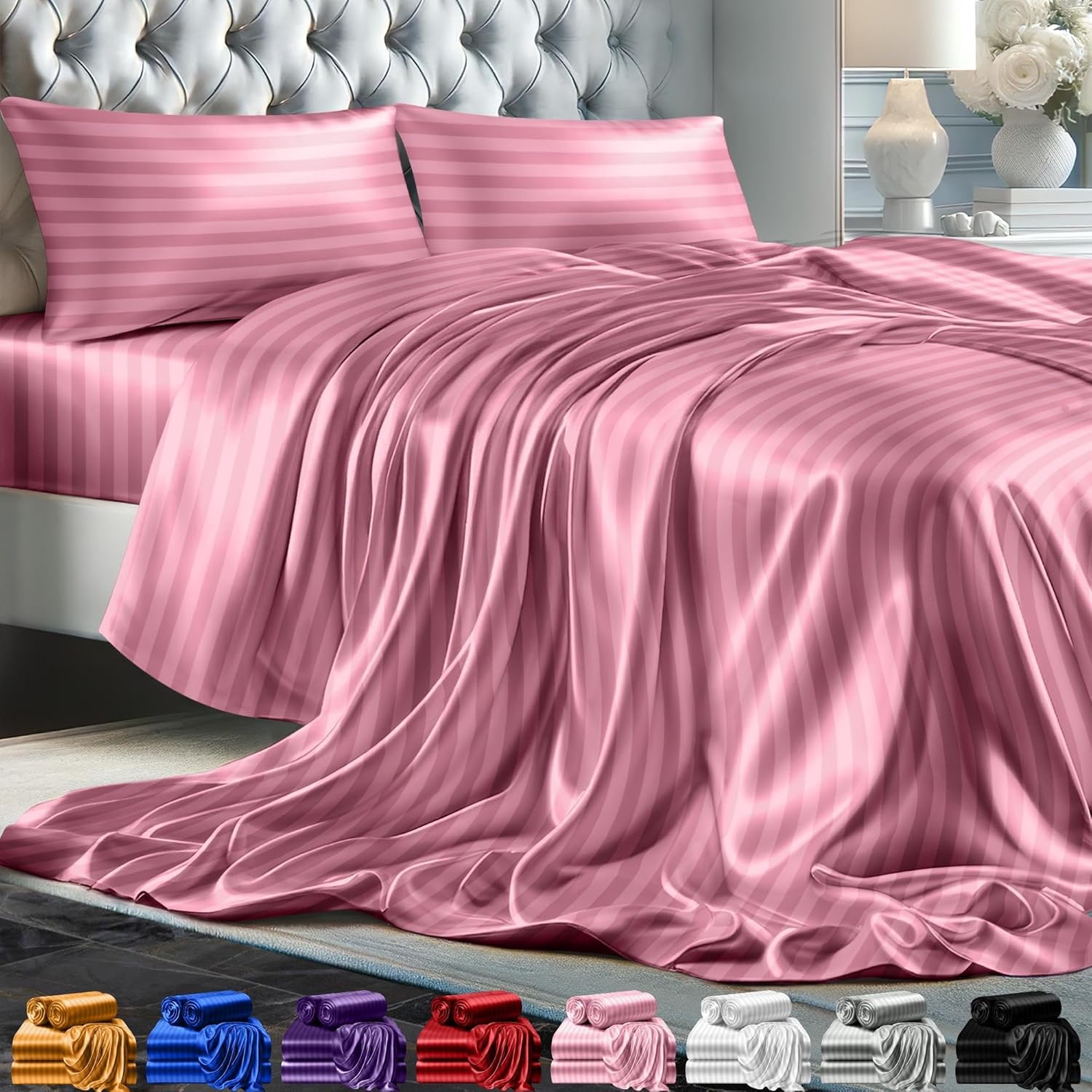 Juego de 4 piezas - Ropa de cama suave sedosa de lujo bolsillo profundo sin arrugas lavable a máquina - Imagen 117 de 194
