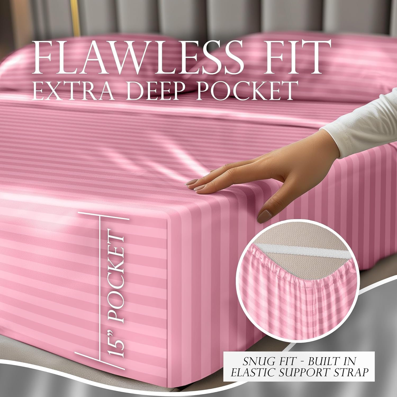Juego de 4 piezas - Ropa de cama suave sedosa de lujo bolsillo profundo sin arrugas lavable a máquina - Imagen 120 de 194