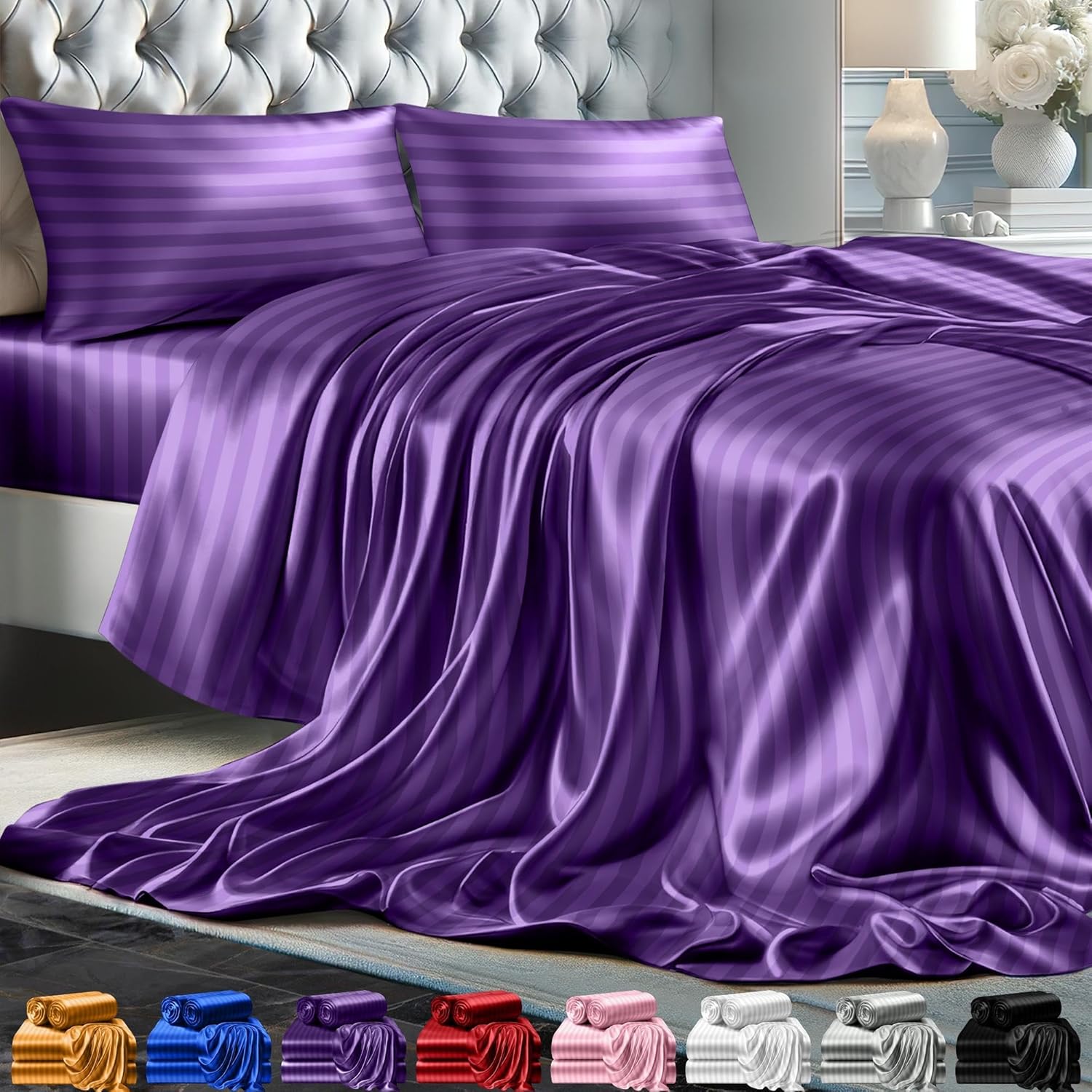Juego de 4 piezas - Ropa de cama suave sedosa de lujo bolsillo profundo sin arrugas lavable a máquina - Imagen 123 de 194