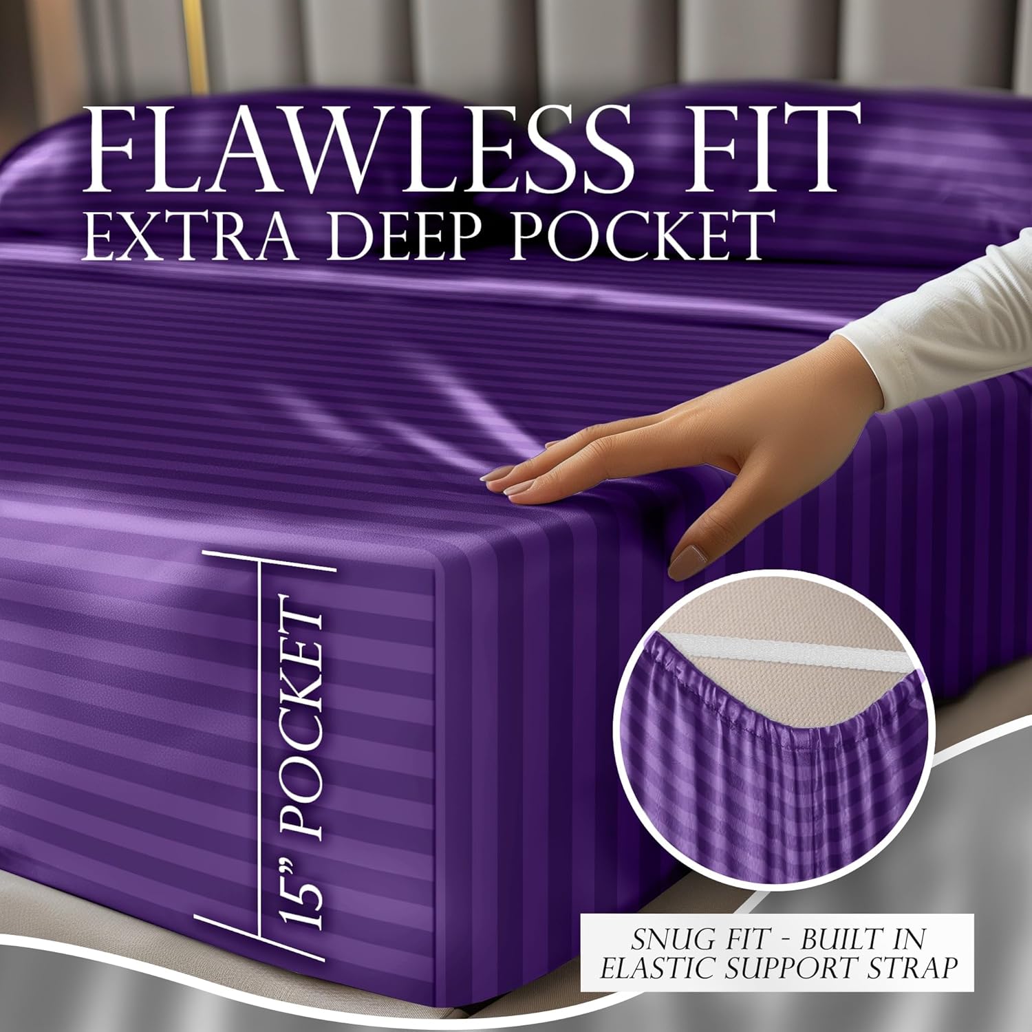 Juego de 4 piezas - Ropa de cama suave sedosa de lujo bolsillo profundo sin arrugas lavable a máquina - Imagen 126 de 194