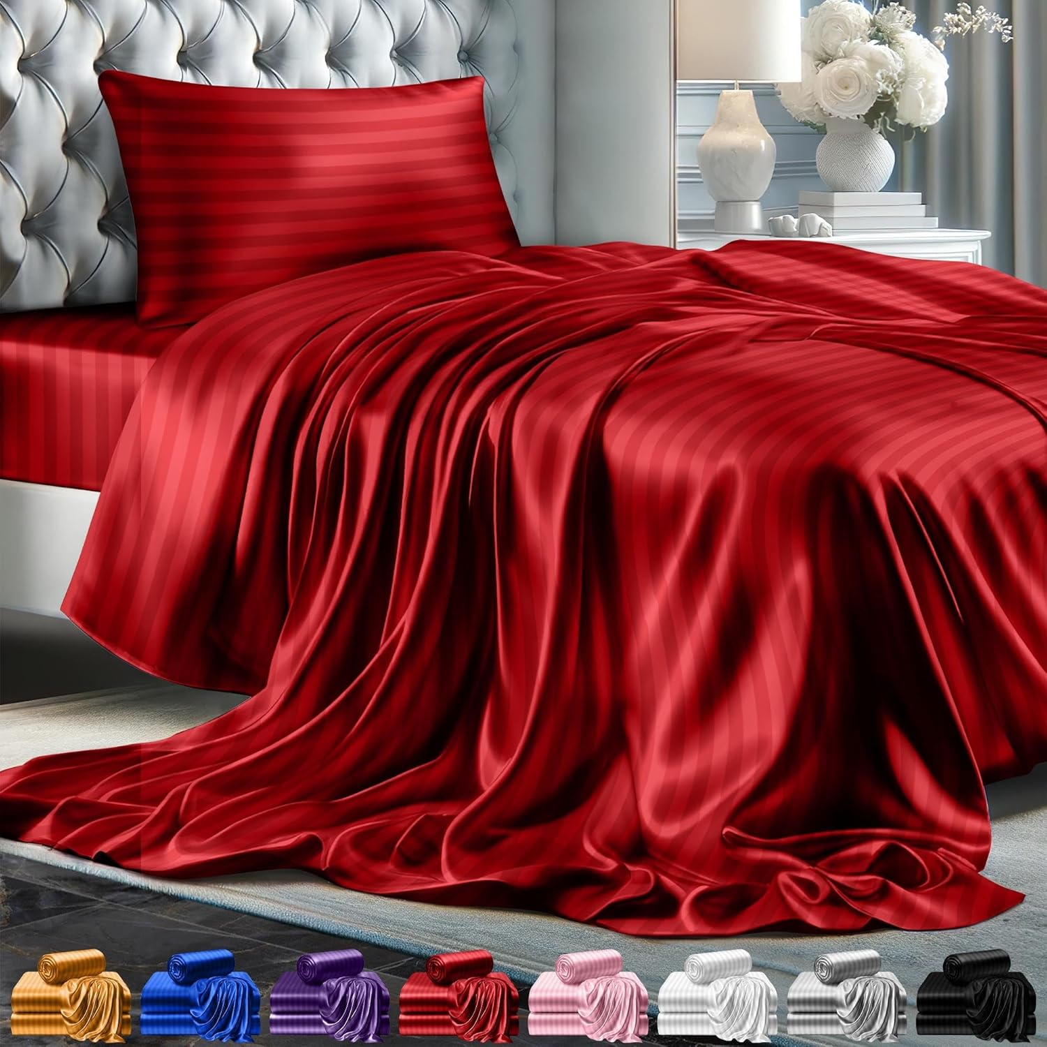Juego de 4 piezas - Ropa de cama suave sedosa de lujo bolsillo profundo sin arrugas lavable a máquina - Imagen 129 de 194
