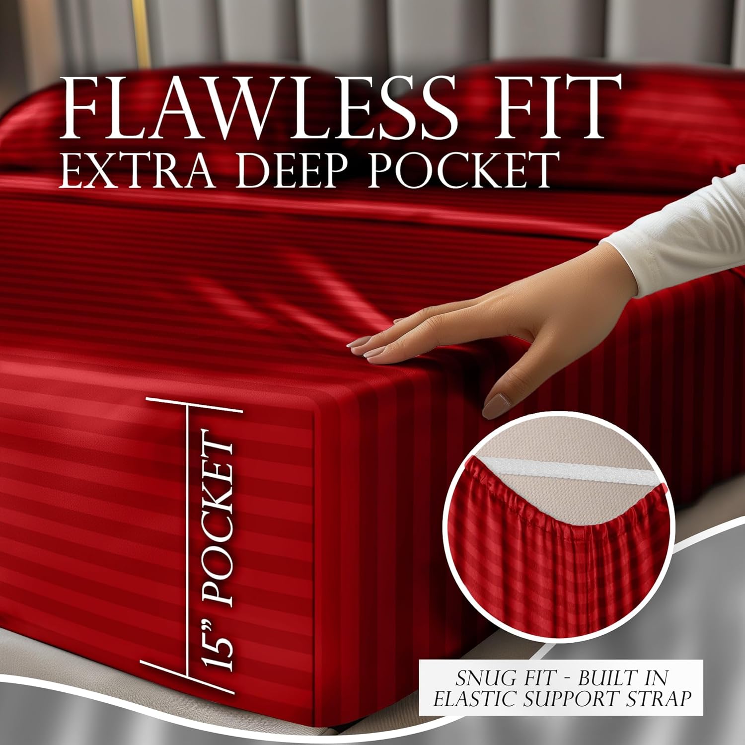 Juego de 4 piezas - Ropa de cama suave sedosa de lujo bolsillo profundo sin arrugas lavable a máquina - Imagen 132 de 194