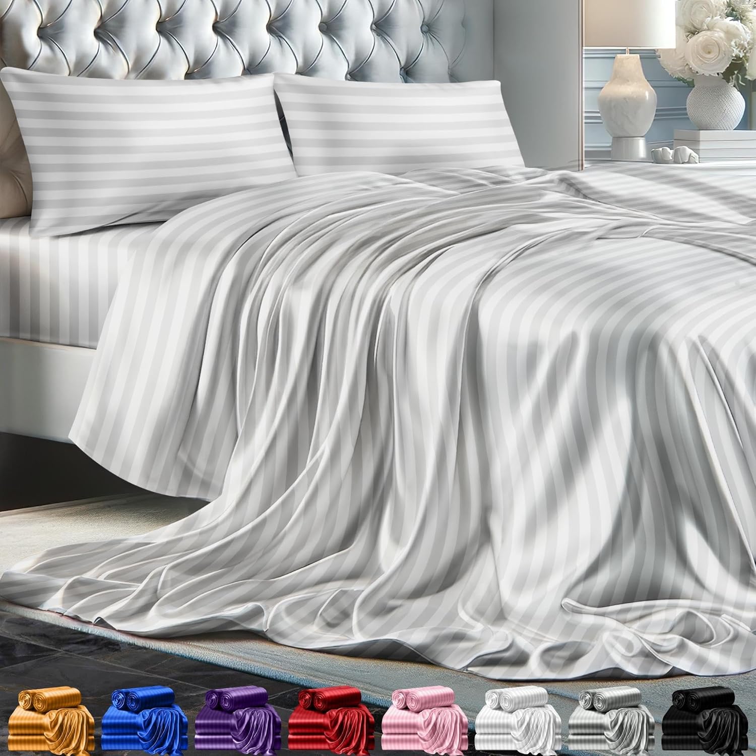 Juego de 4 piezas - Ropa de cama suave sedosa de lujo bolsillo profundo sin arrugas lavable a máquina - Imagen 135 de 194