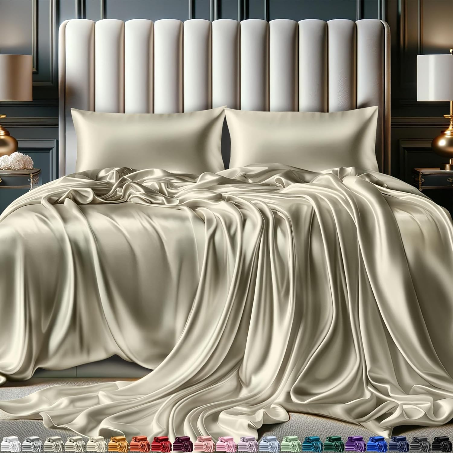 Juego de 4 piezas - Ropa de cama suave sedosa de lujo bolsillo profundo sin arrugas lavable a máquina - Imagen 141 de 194