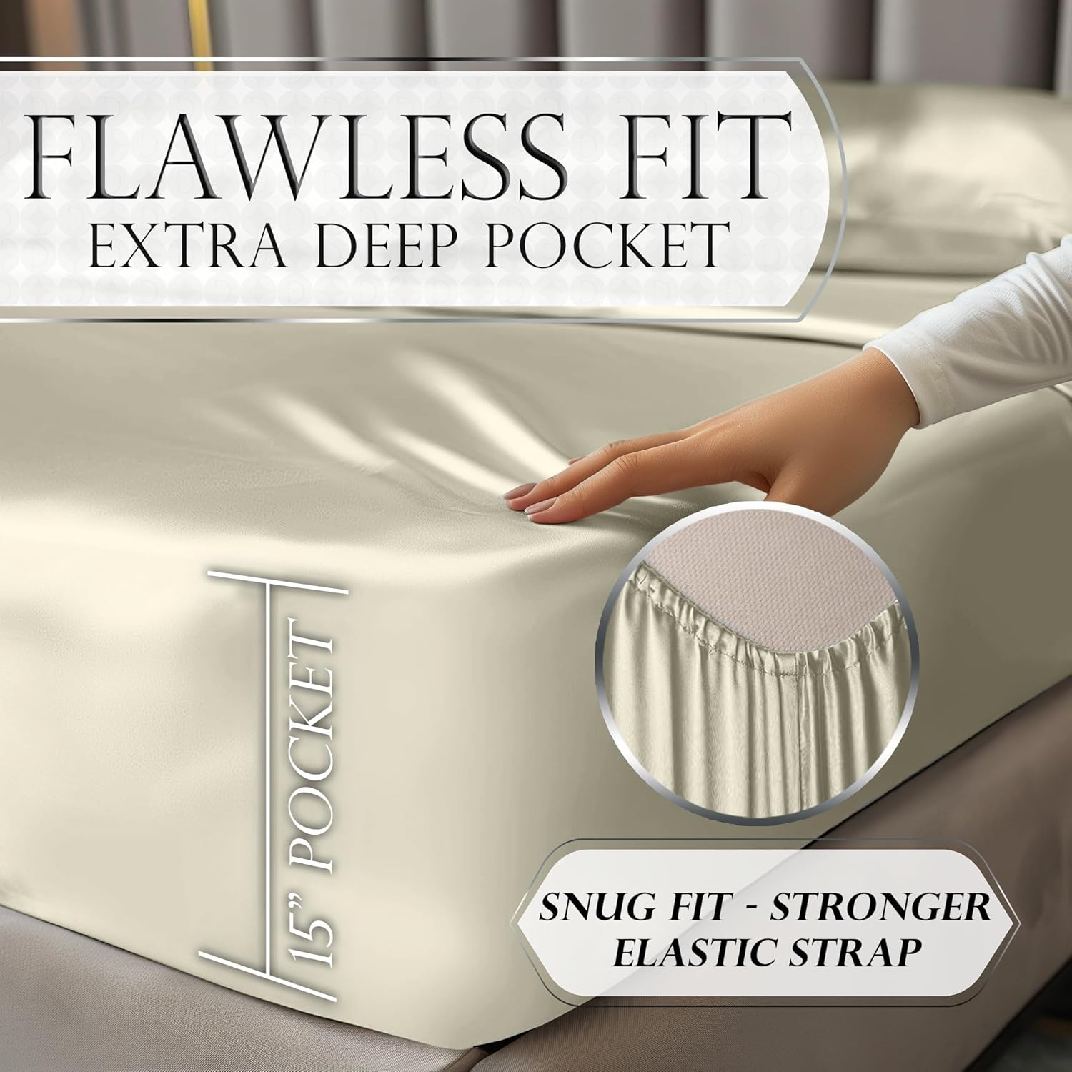 Juego de 4 piezas - Ropa de cama suave sedosa de lujo bolsillo profundo sin arrugas lavable a máquina - Imagen 144 de 194
