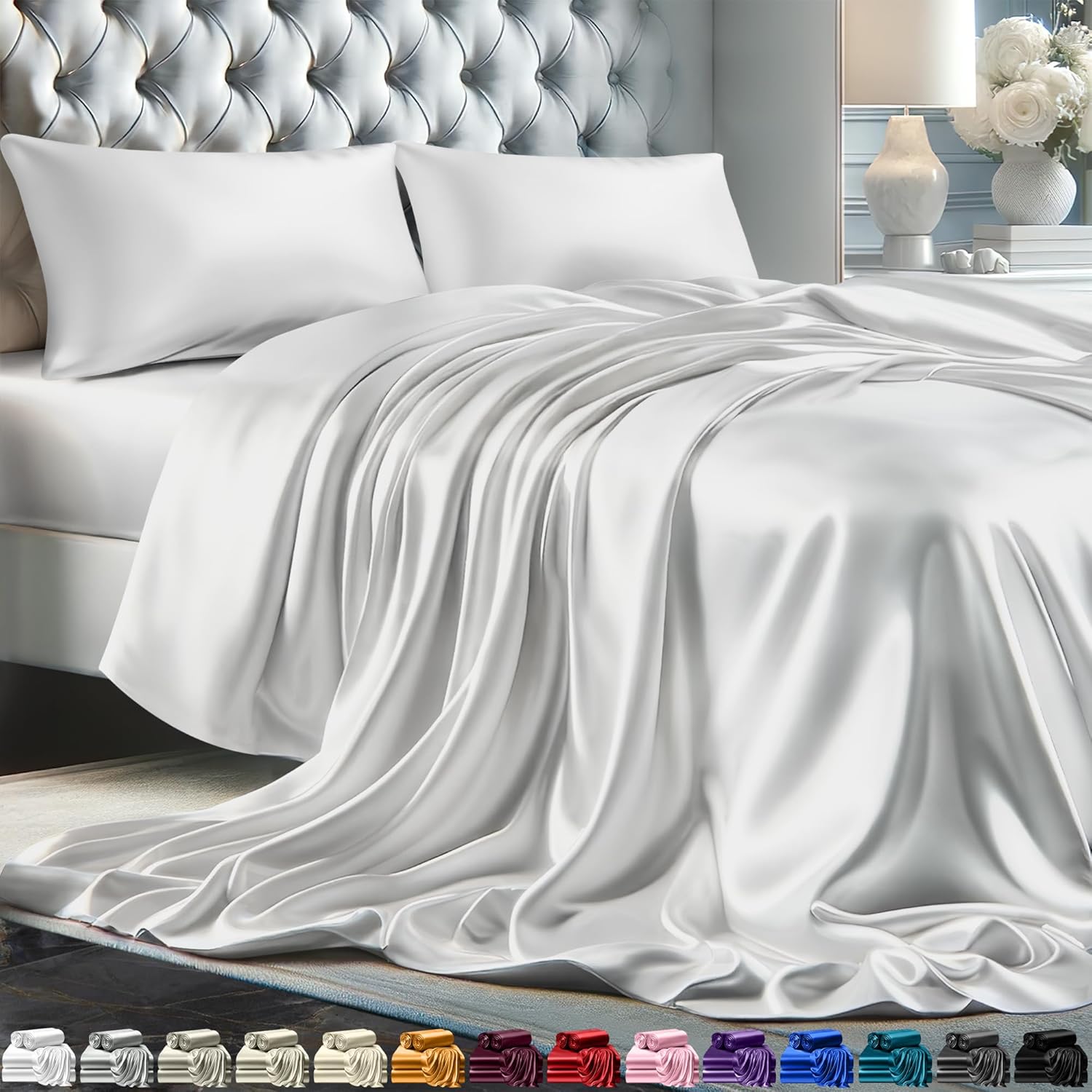 Juego de 4 piezas - Ropa de cama suave sedosa de lujo bolsillo profundo sin arrugas lavable a máquina - Imagen 147 de 194