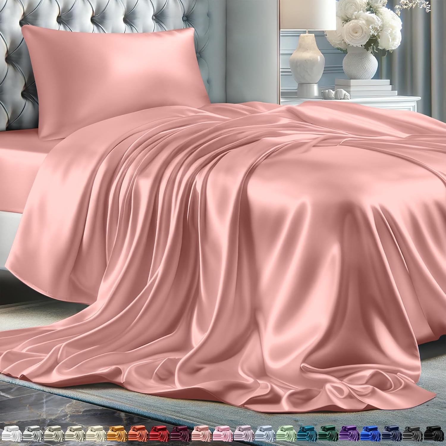 Juego de 4 piezas - Ropa de cama suave sedosa de lujo bolsillo profundo sin arrugas lavable a máquina - Imagen 153 de 194