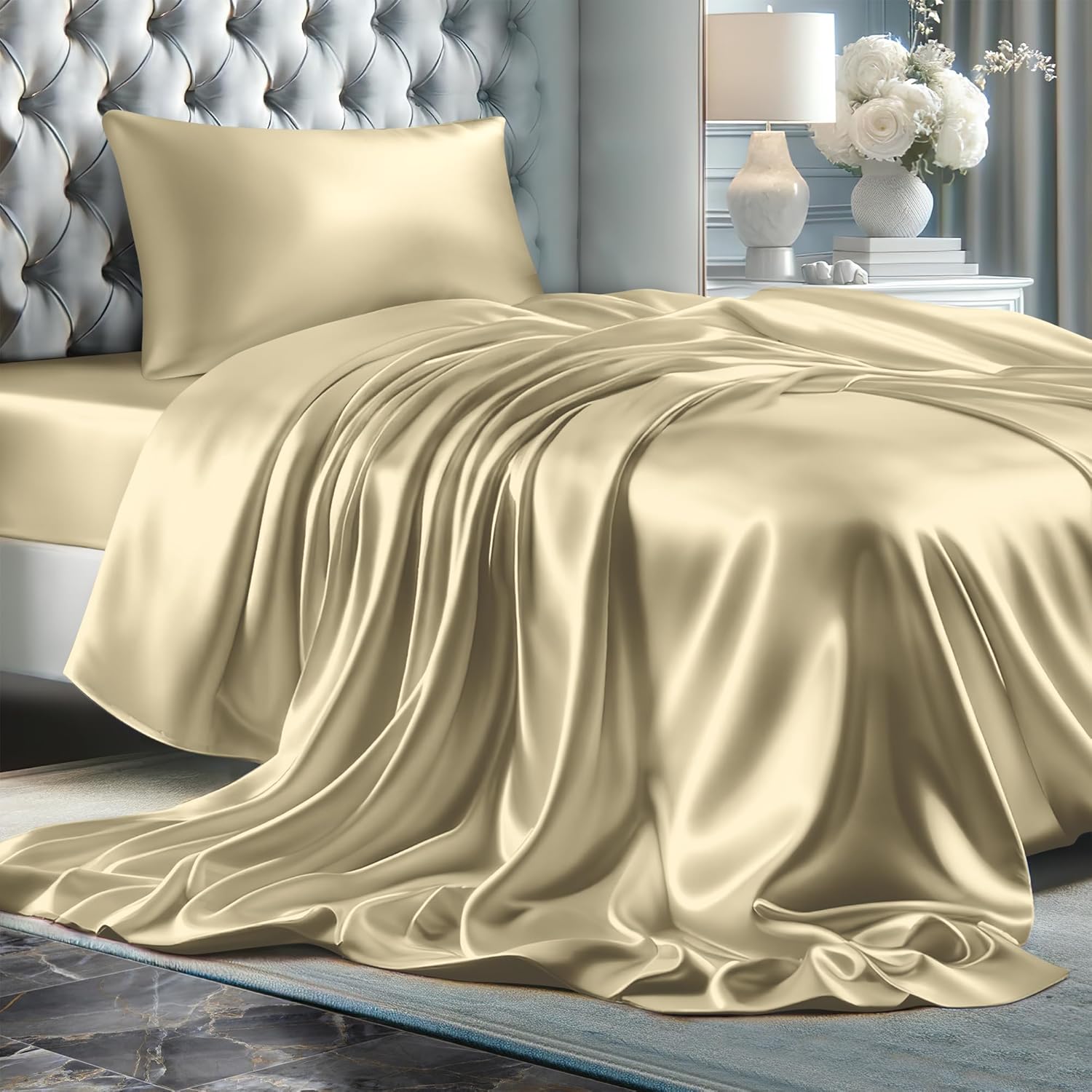 Juego de 4 piezas - Ropa de cama suave sedosa de lujo bolsillo profundo sin arrugas lavable a máquina - Imagen 165 de 194