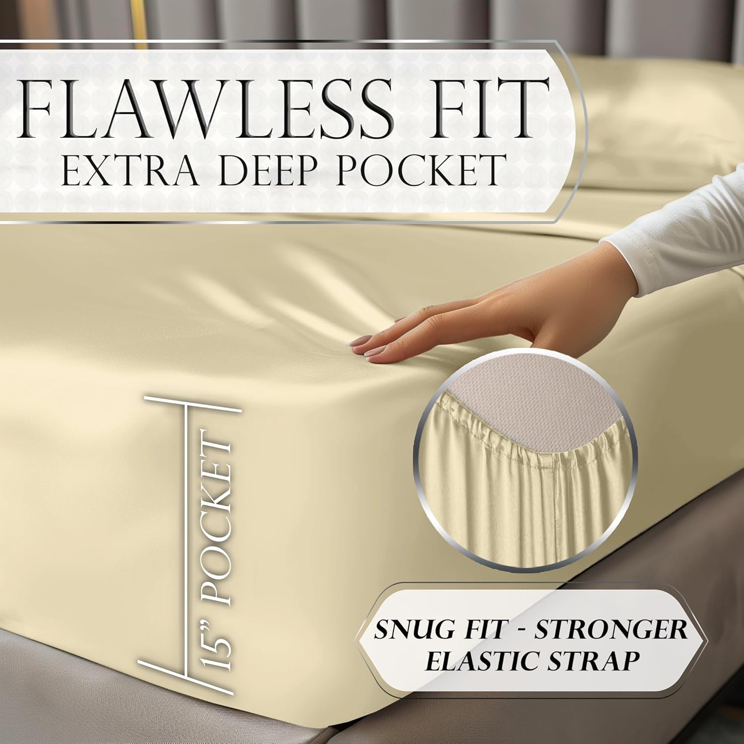 Juego de 4 piezas - Ropa de cama suave sedosa de lujo bolsillo profundo sin arrugas lavable a máquina - Imagen 168 de 194
