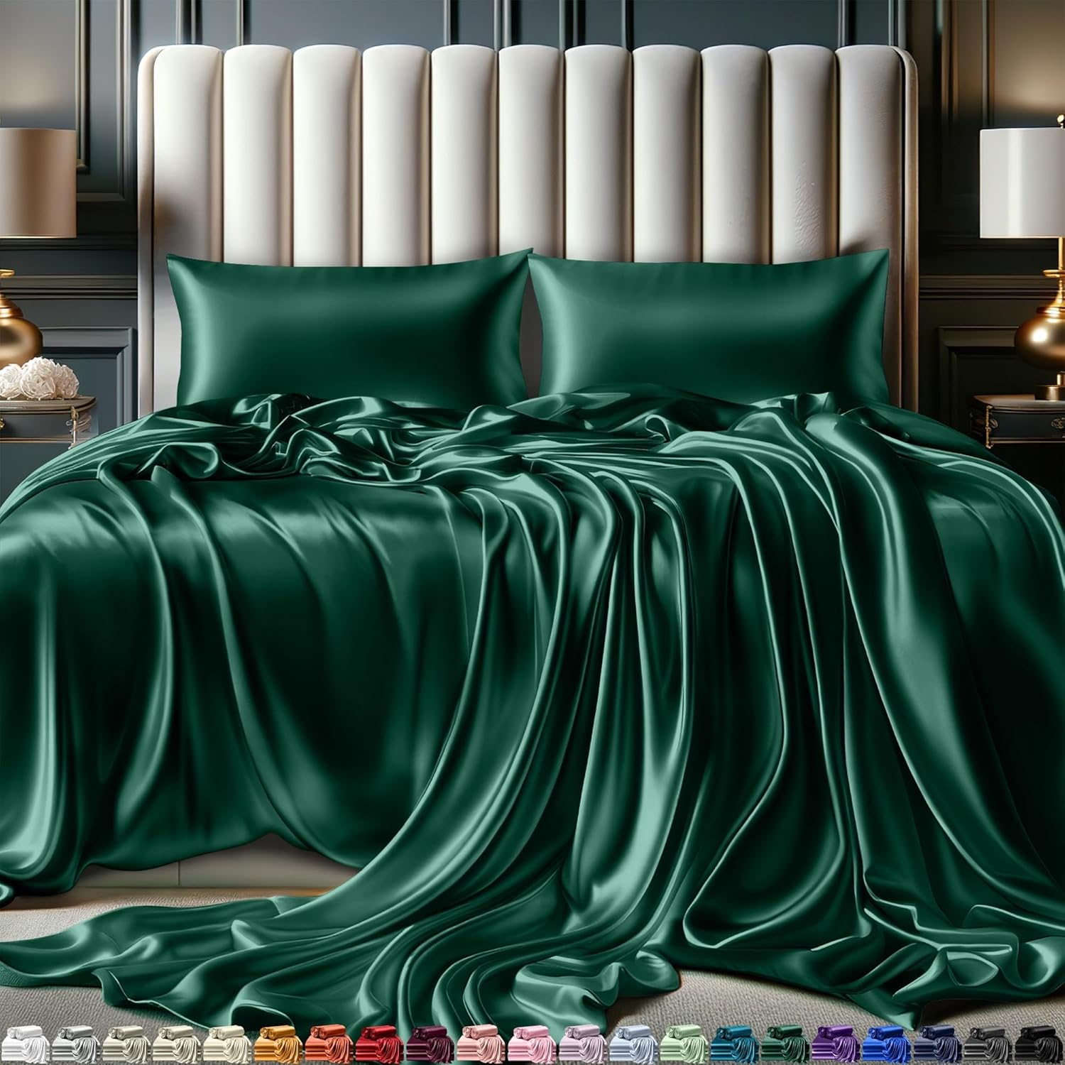 Juego de 4 piezas - Ropa de cama suave sedosa de lujo bolsillo profundo sin arrugas lavable a máquina - Imagen 171 de 194