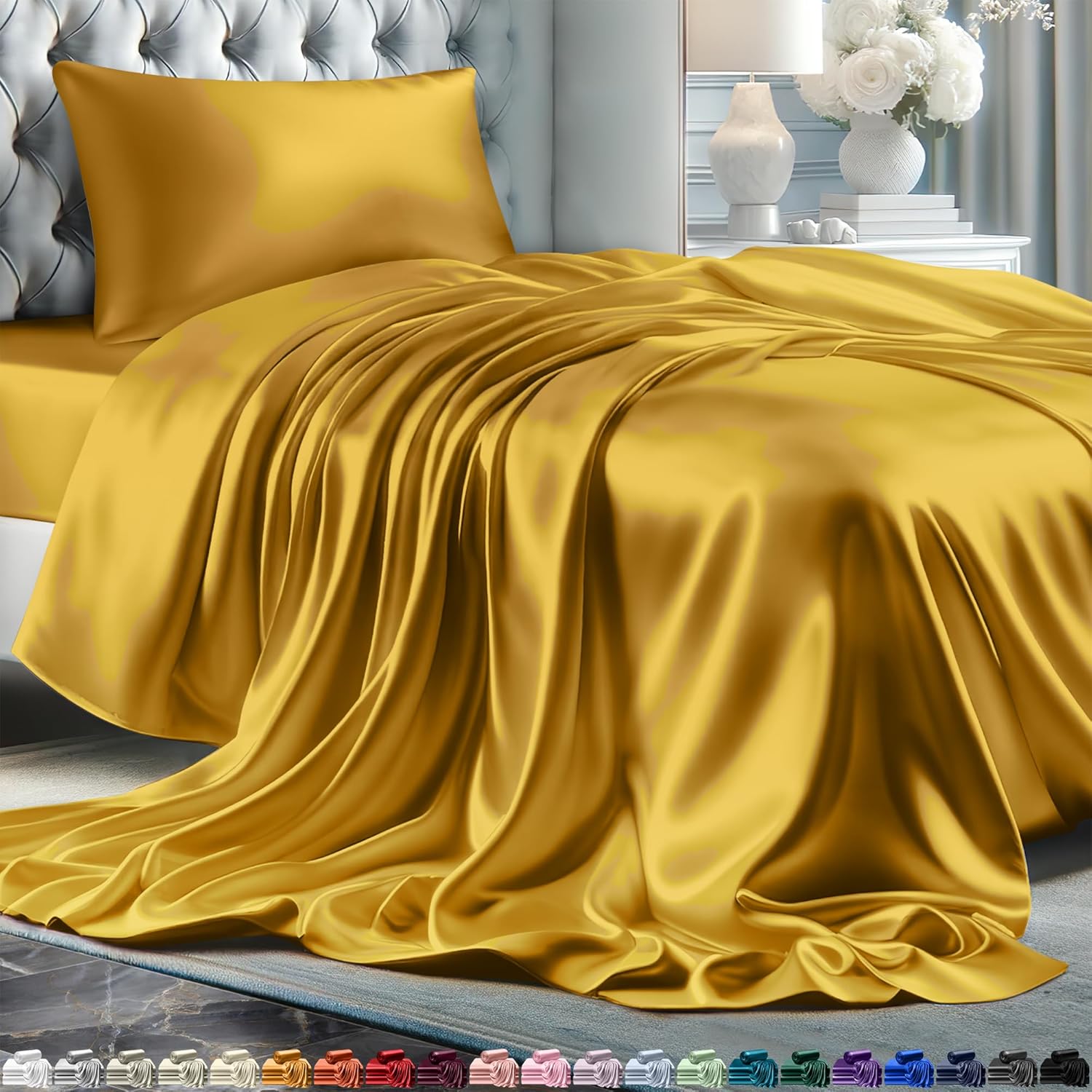 Juego de 4 piezas - Ropa de cama suave sedosa de lujo bolsillo profundo sin arrugas lavable a máquina - Imagen 177 de 194