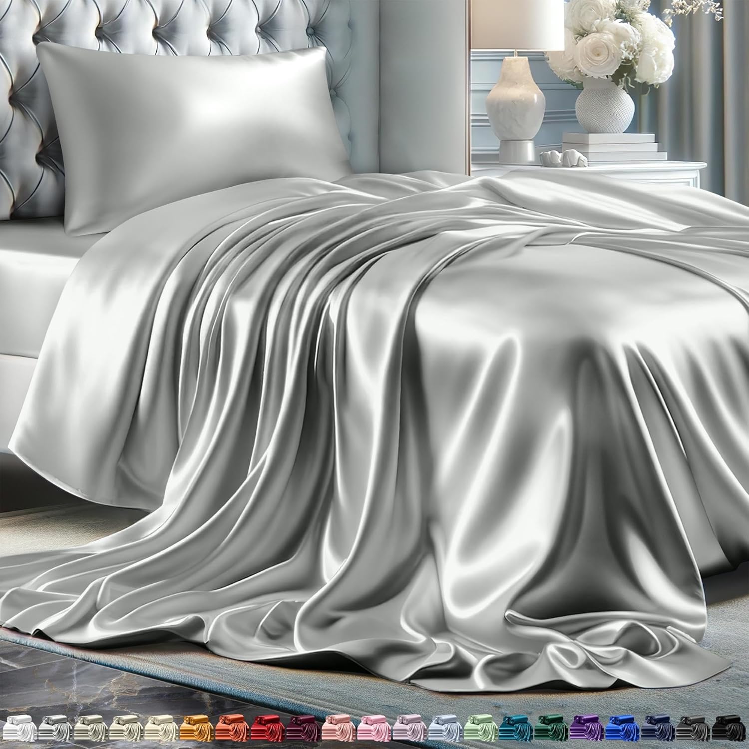 Juego de 4 piezas - Ropa de cama suave sedosa de lujo bolsillo profundo sin arrugas lavable a máquina - Imagen 183 de 194
