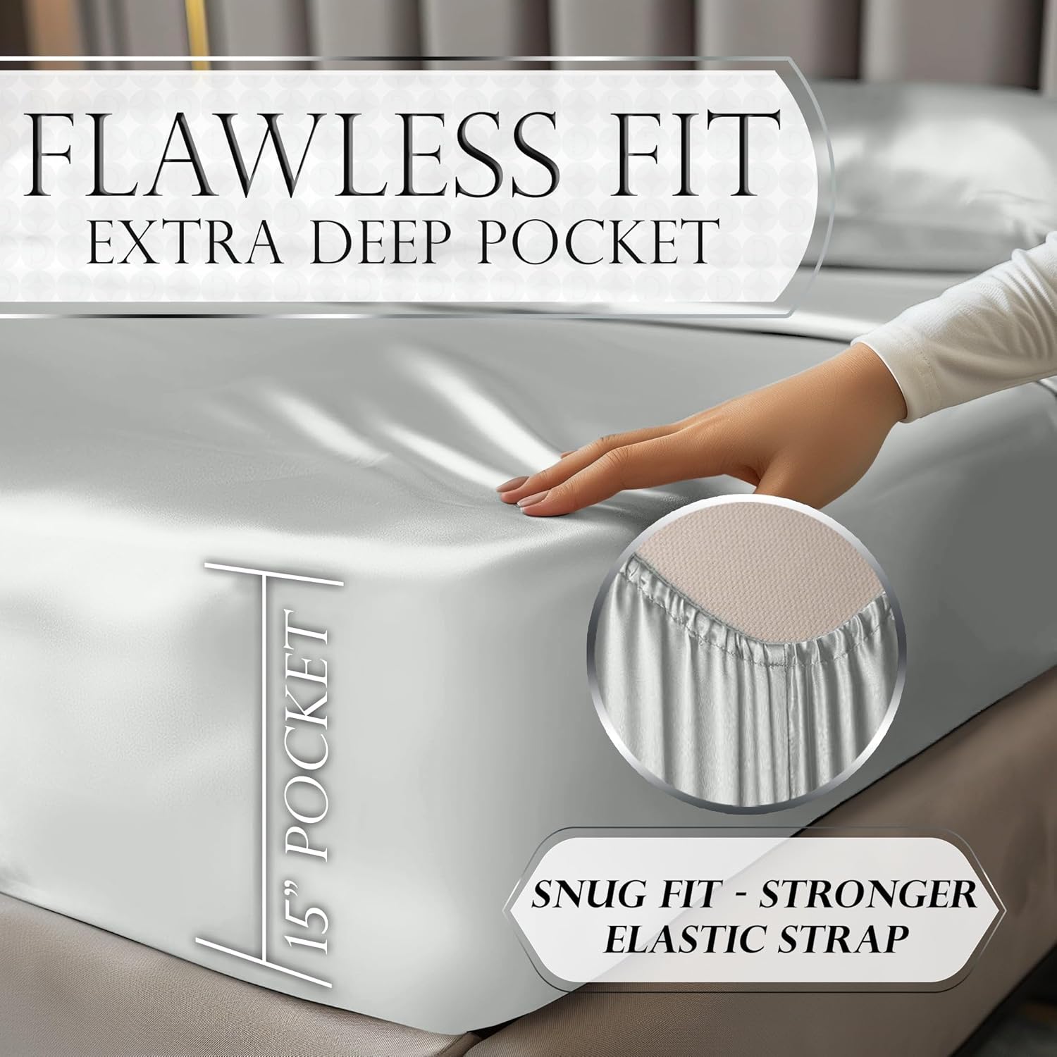Juego de 4 piezas - Ropa de cama suave sedosa de lujo bolsillo profundo sin arrugas lavable a máquina - Imagen 186 de 194