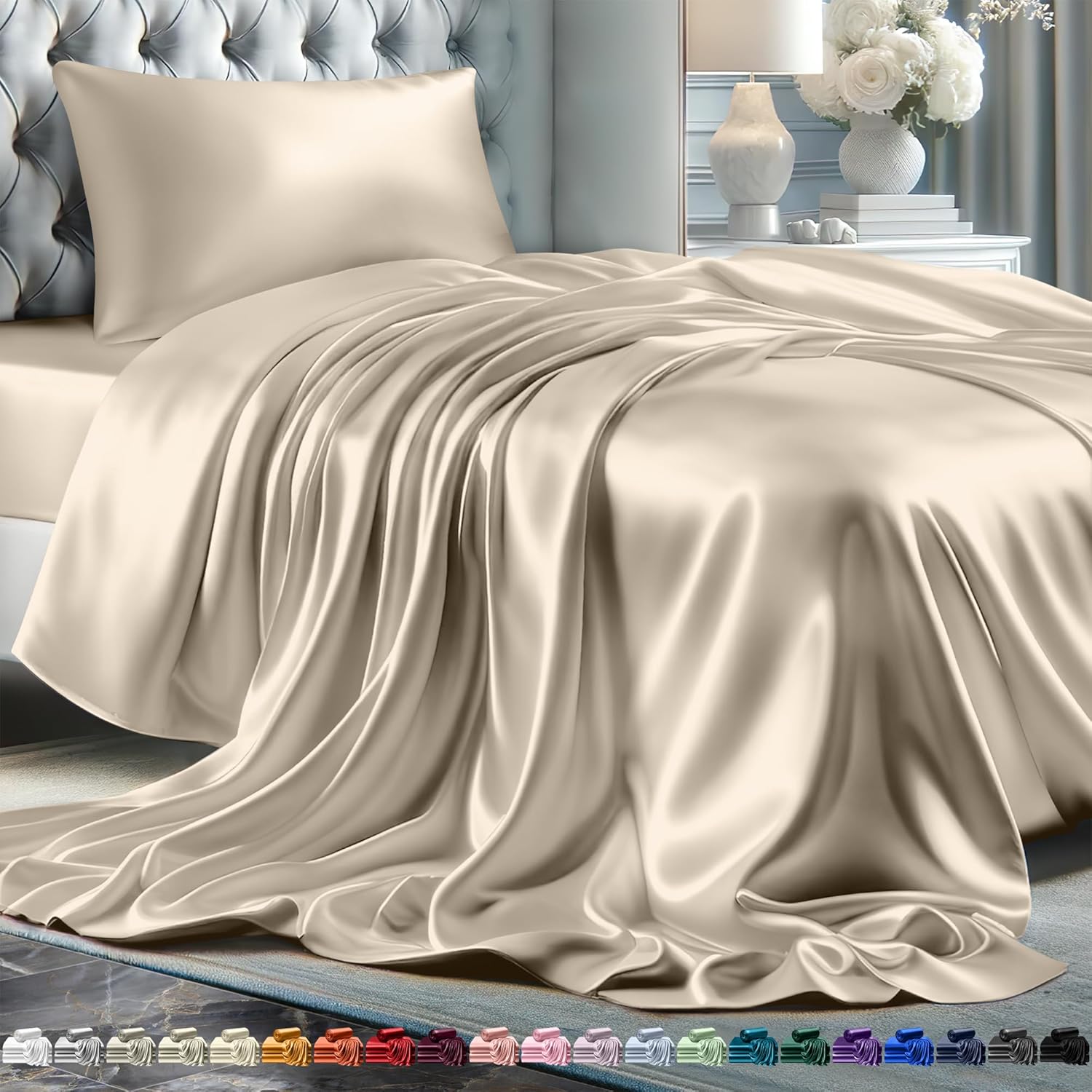Juego de 4 piezas - Ropa de cama suave sedosa de lujo bolsillo profundo sin arrugas lavable a máquina - Imagen 189 de 194
