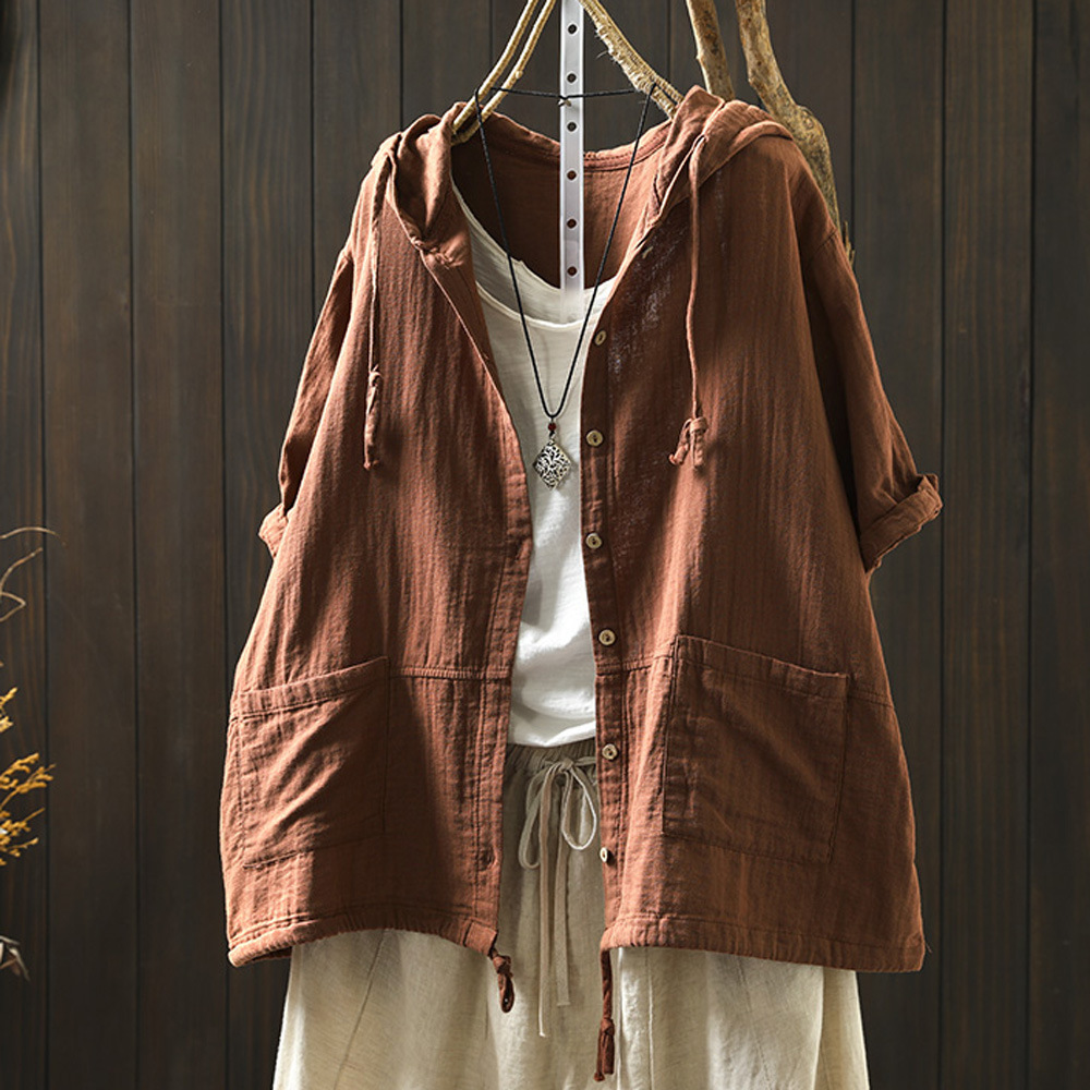 Womens Cotton Hoodie Pockets Drawstring Shirt Summer Loose Casual Outwear Coat - Picture 27 of 29