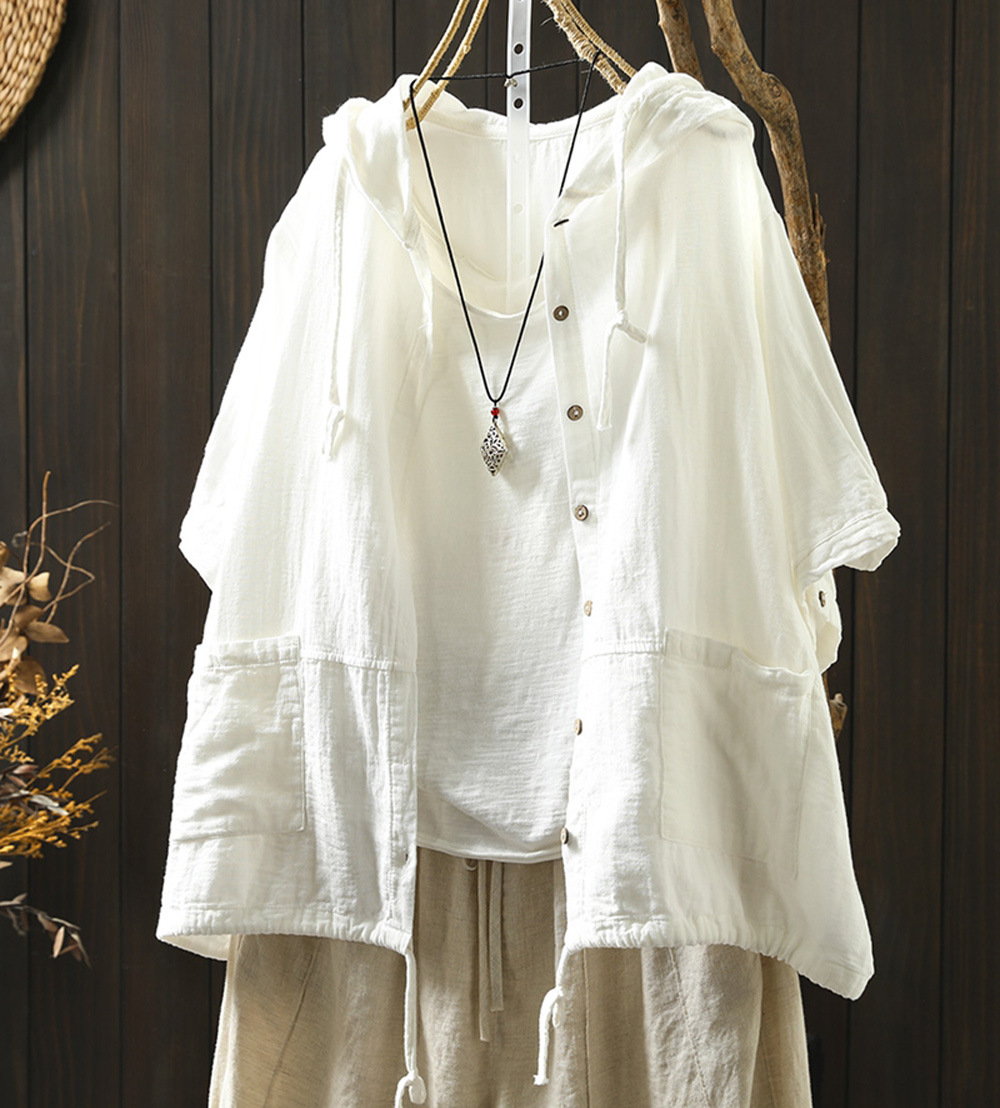 Womens Cotton Hoodie Pockets Drawstring Shirt Summer Loose Casual Outwear Coat - Picture 26 of 29