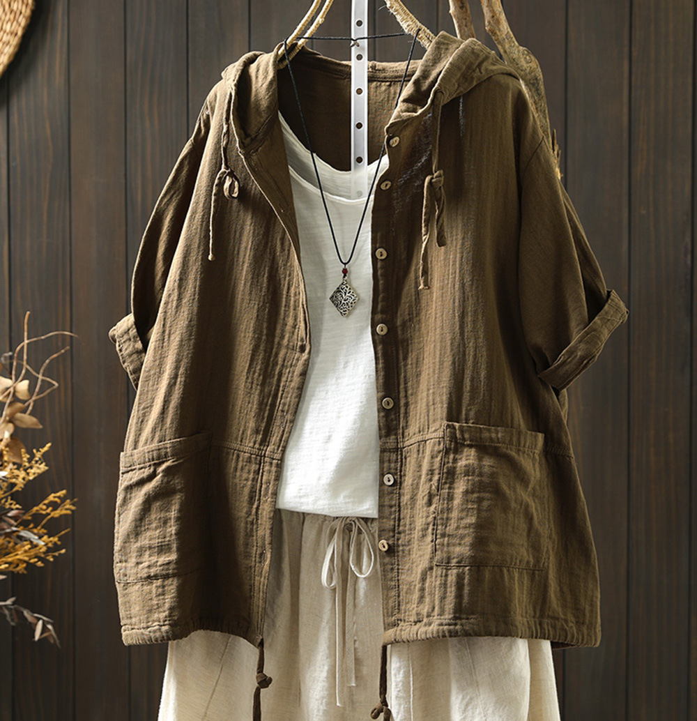 Womens Cotton Hoodie Pockets Drawstring Shirt Summer Loose Casual Outwear Coat - Picture 28 of 29