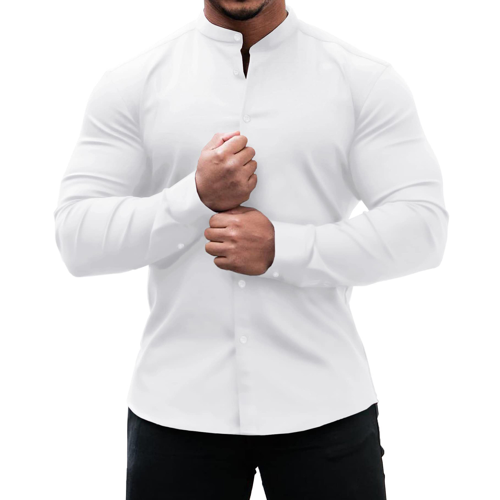 Men's Sports Casual Cardigan Slim Micro Elastic Long Sleeve Casual Button Shirts - Picture 18 of 24