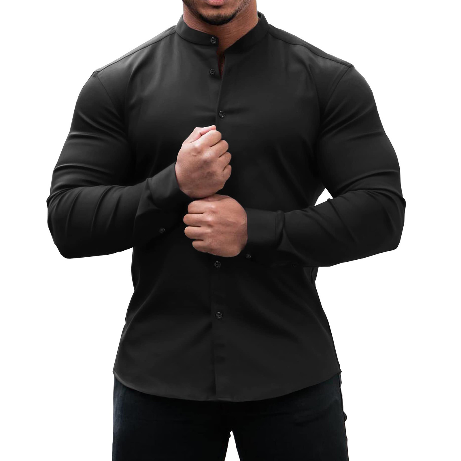 Men's Sports Casual Cardigan Slim Micro Elastic Long Sleeve Casual Button Shirts - Picture 19 of 24