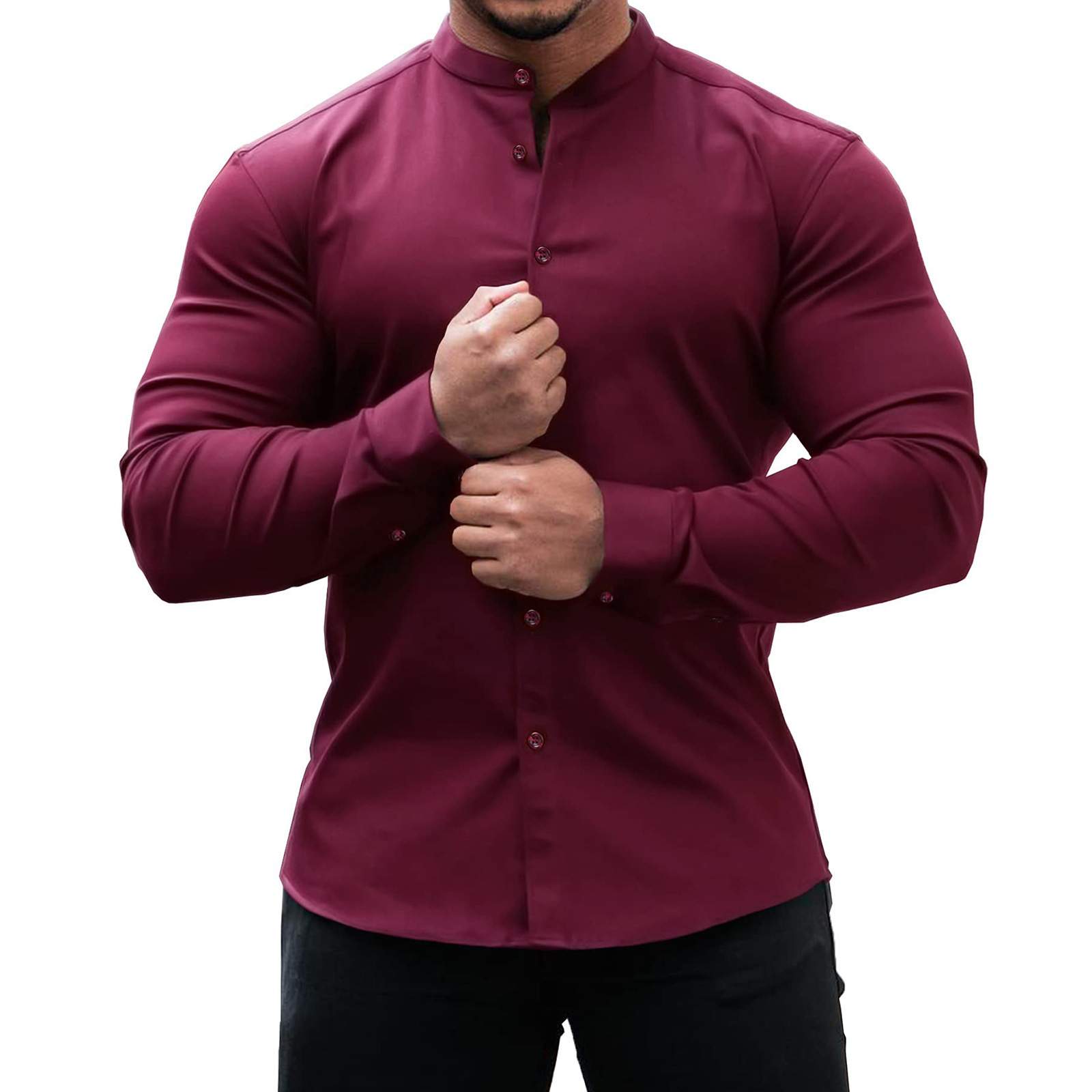 Men's Sports Casual Cardigan Slim Micro Elastic Long Sleeve Casual Button Shirts - Picture 23 of 24