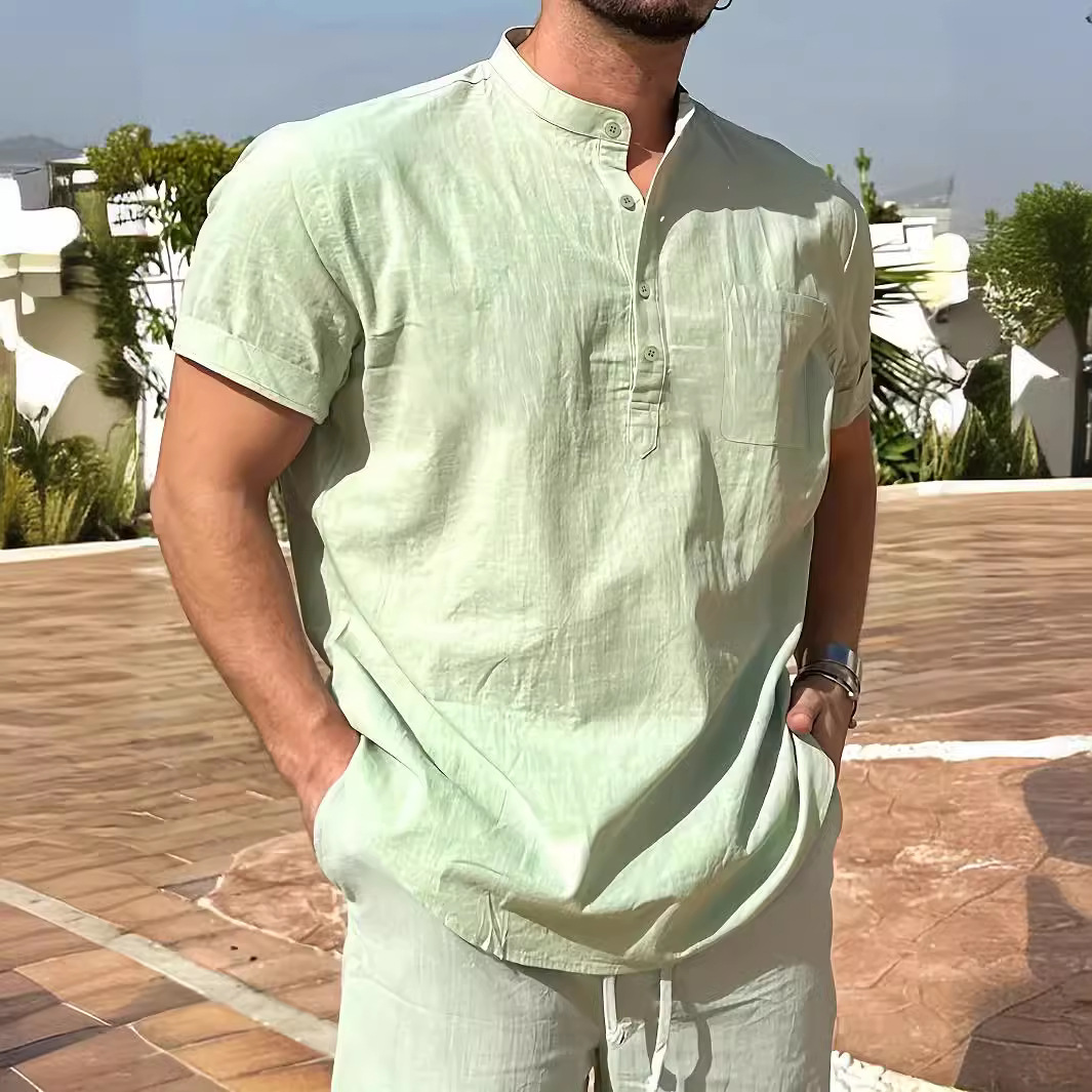 T-shirt uomo estiva tinta unita casual manica corta supporto colletto camicie Henley - Foto 14 di 15
