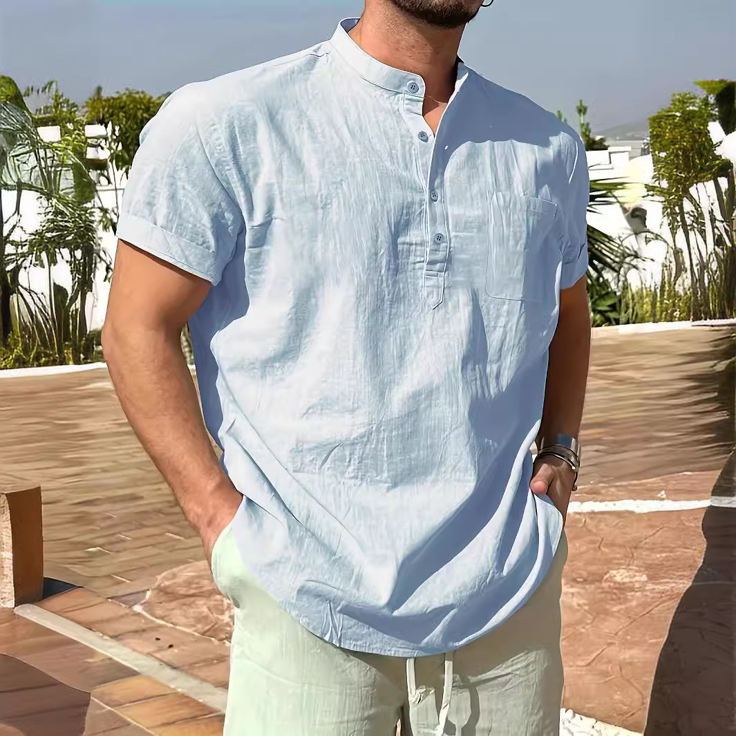 T-shirt uomo estiva tinta unita casual manica corta supporto colletto camicie Henley - Foto 15 di 15