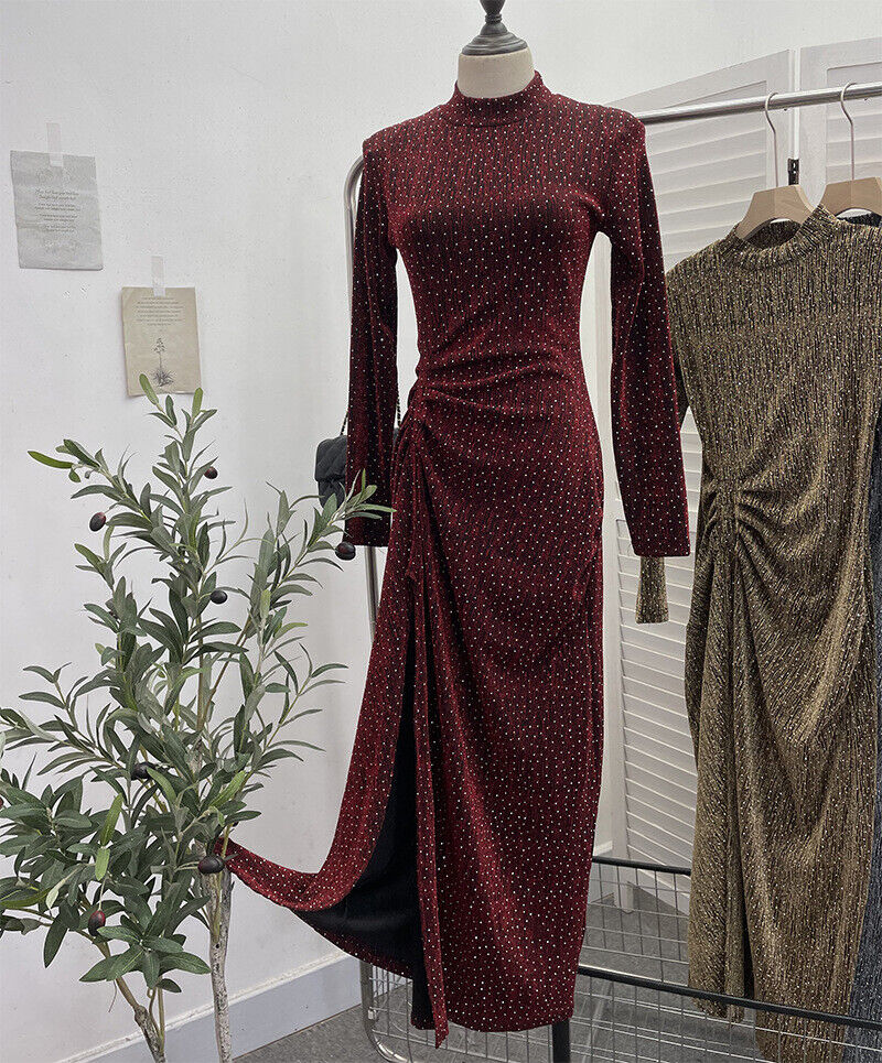 Mujeres Lentejuelas Bodycon Mangas Largas Almohadillas para los Hombros Acanaladas Fiesta Brillo Vestido Dividido - Imagen 25 de 40