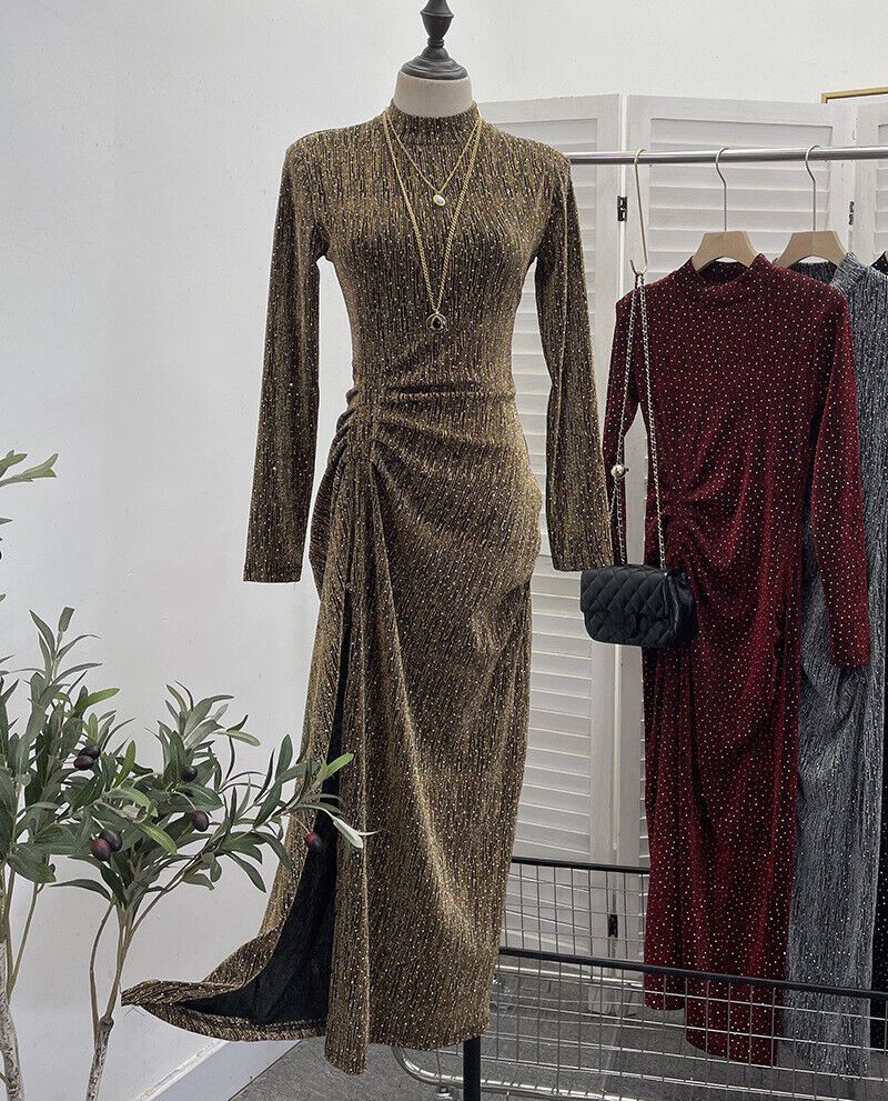 Mujeres Lentejuelas Bodycon Mangas Largas Almohadillas para los Hombros Acanaladas Fiesta Brillo Vestido Dividido - Imagen 30 de 40