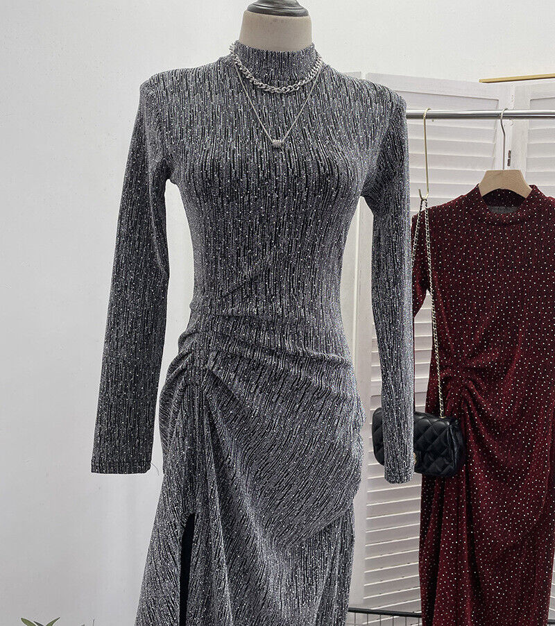 Mujeres Lentejuelas Bodycon Mangas Largas Almohadillas para los Hombros Acanaladas Fiesta Brillo Vestido Dividido - Imagen 35 de 40