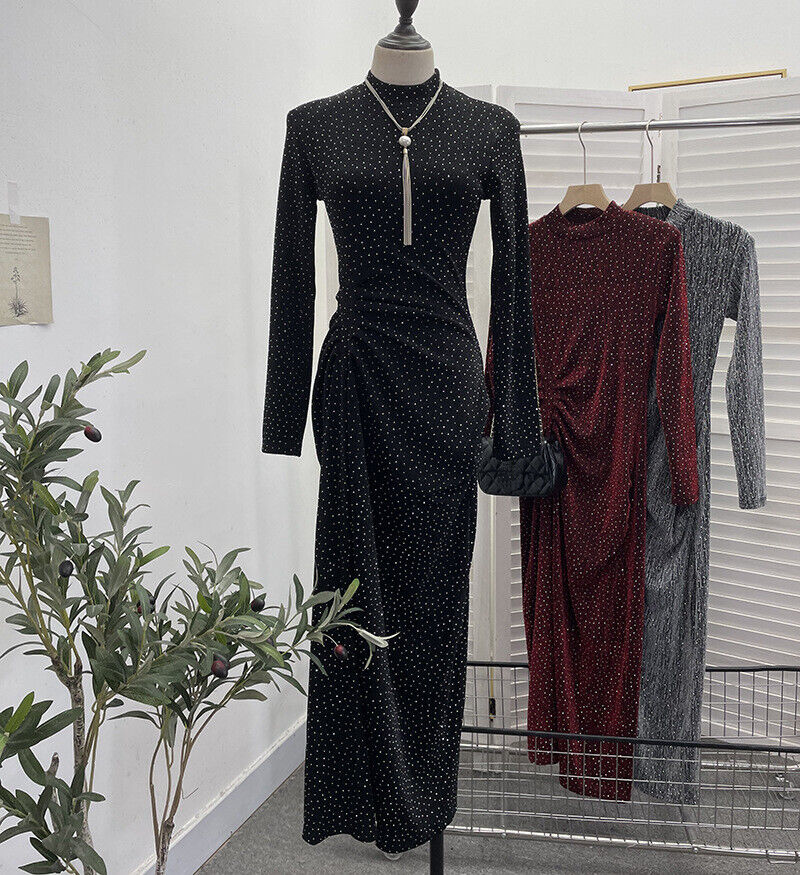 Mujeres Lentejuelas Bodycon Mangas Largas Almohadillas para los Hombros Acanaladas Fiesta Brillo Vestido Dividido - Imagen 39 de 40