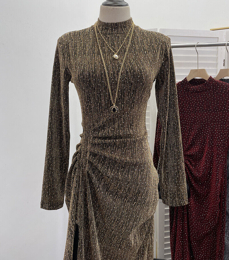 Mujeres Lentejuelas Bodycon Mangas Largas Almohadillas para los Hombros Acanaladas Fiesta Brillo Vestido Dividido - Imagen 31 de 40