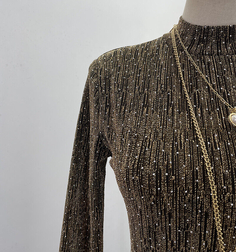 Mujeres Lentejuelas Bodycon Mangas Largas Almohadillas para los Hombros Acanaladas Fiesta Brillo Vestido Dividido - Imagen 33 de 40