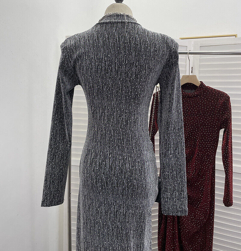 Mujeres Lentejuelas Bodycon Mangas Largas Almohadillas para los Hombros Acanaladas Fiesta Brillo Vestido Dividido - Imagen 36 de 40