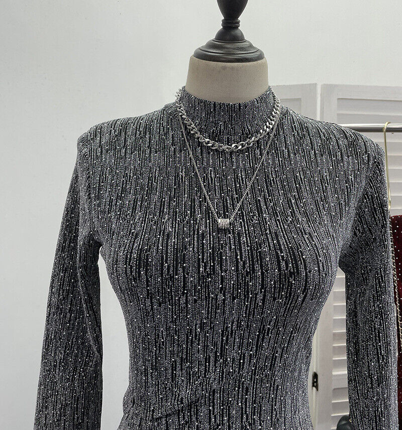 Mujeres Lentejuelas Bodycon Mangas Largas Almohadillas para los Hombros Acanaladas Fiesta Brillo Vestido Dividido - Imagen 37 de 40